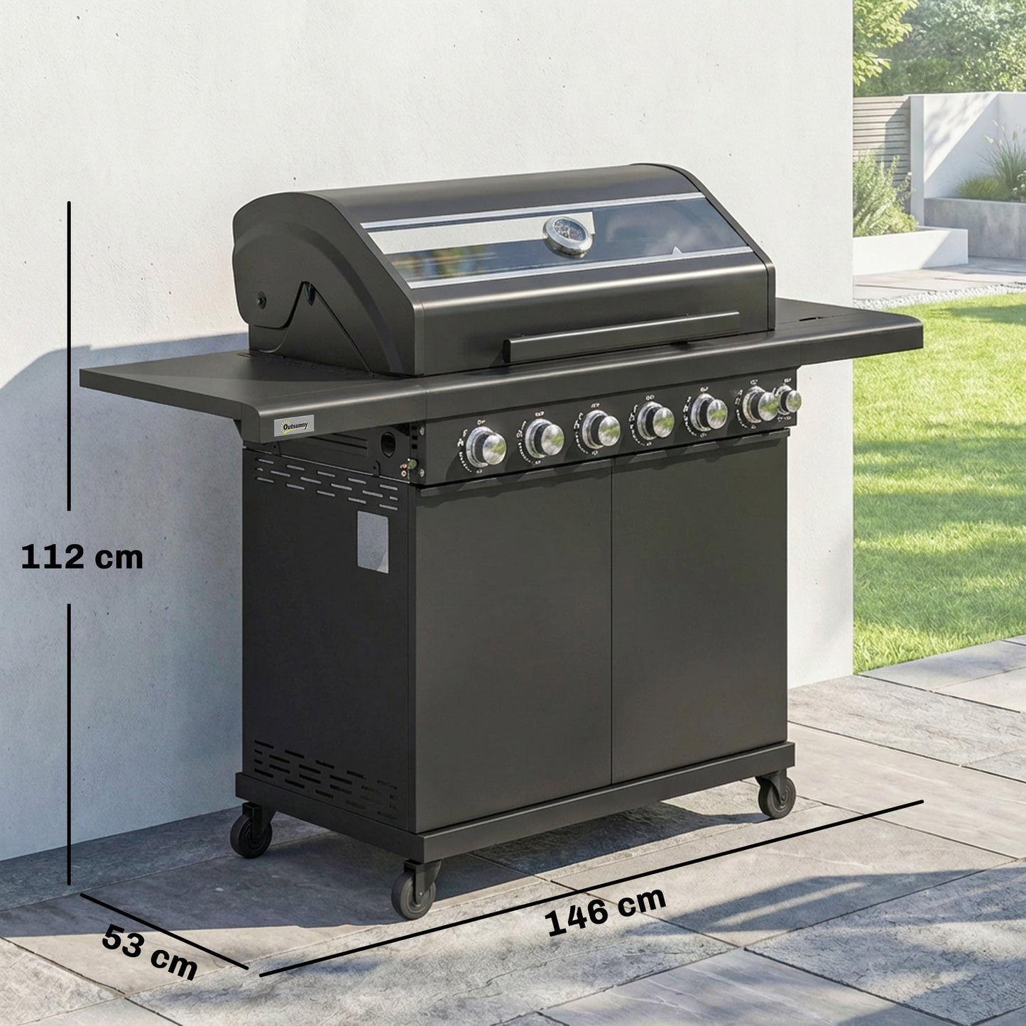 6+1 Burner Gas BBQ Grill, Portable Outdoor Barbecue Trolley with Wheels, Warming Rack, Built-in Thermometer, Side Shelves, Cabinet, Bottle Opener, Lid with Viewing Window, Black