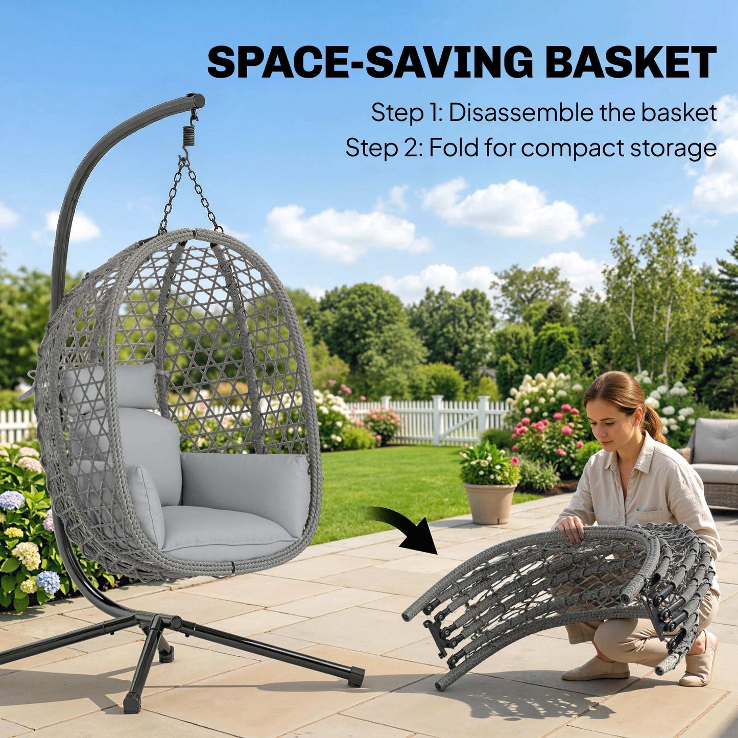 Hanging Egg Chair, Indoor Outdoor Rattan Hammock Swing Chair with Stand, Safety Strap, Foldable Basket, Thick Cushion, Headrest, Metal Frame for Garden Balcony Patio Lounge Porch, Dark Grey