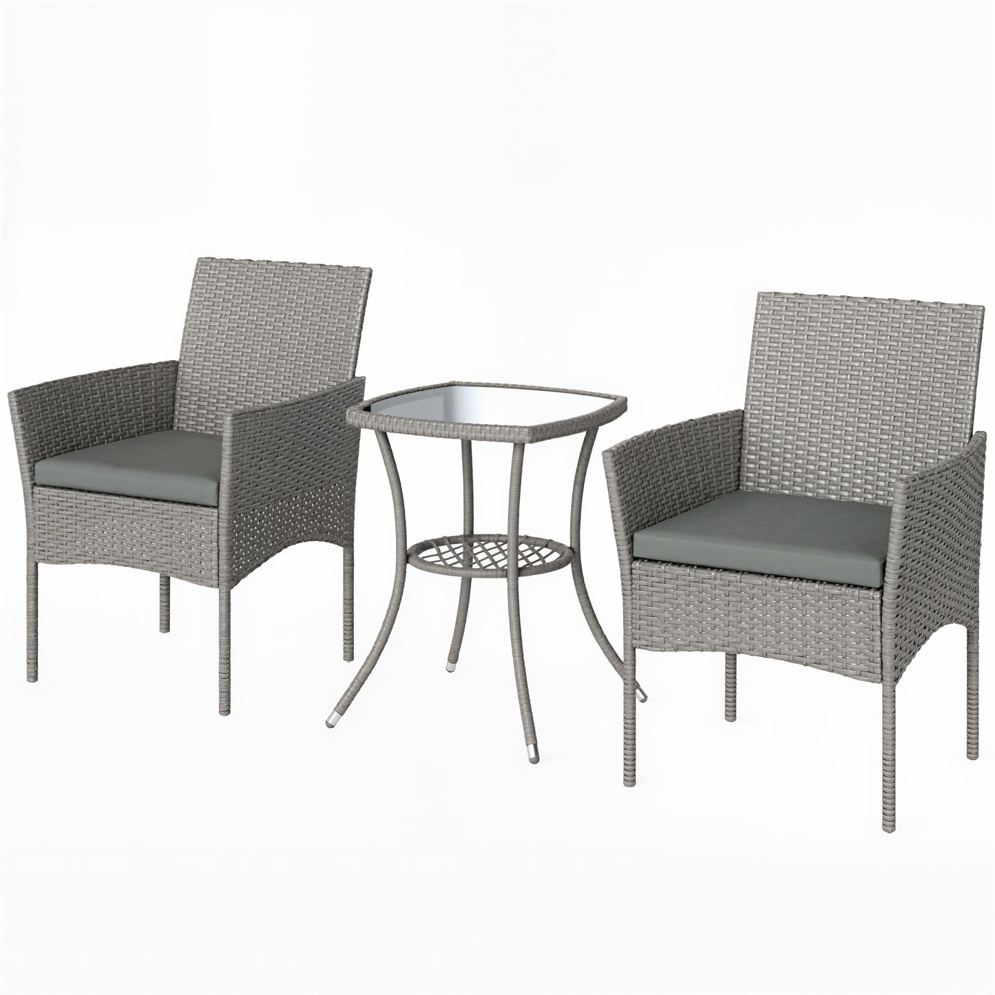 3 Piece Rattan Bistro Set, PE Wicker Garden Furniture Conversation Set, 2 Tier Glass-Top Bistro Table and Chairs for 2 with Cushions for Patio, Balcony, Porch, Dark Grey
