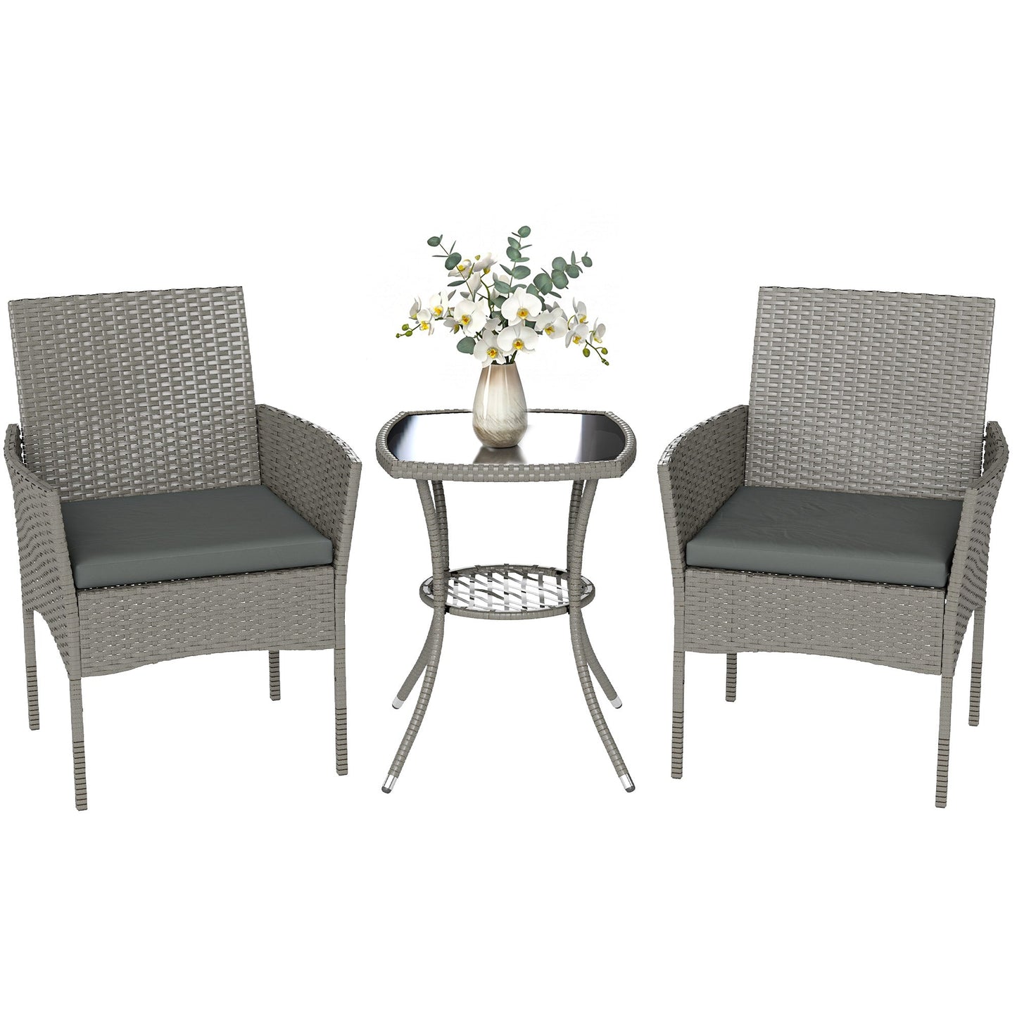 3 Piece Rattan Bistro Set, PE Wicker Garden Furniture Conversation Set, 2 Tier Glass-Top Bistro Table and Chairs for 2 with Cushions for Patio, Balcony, Porch, Dark Grey