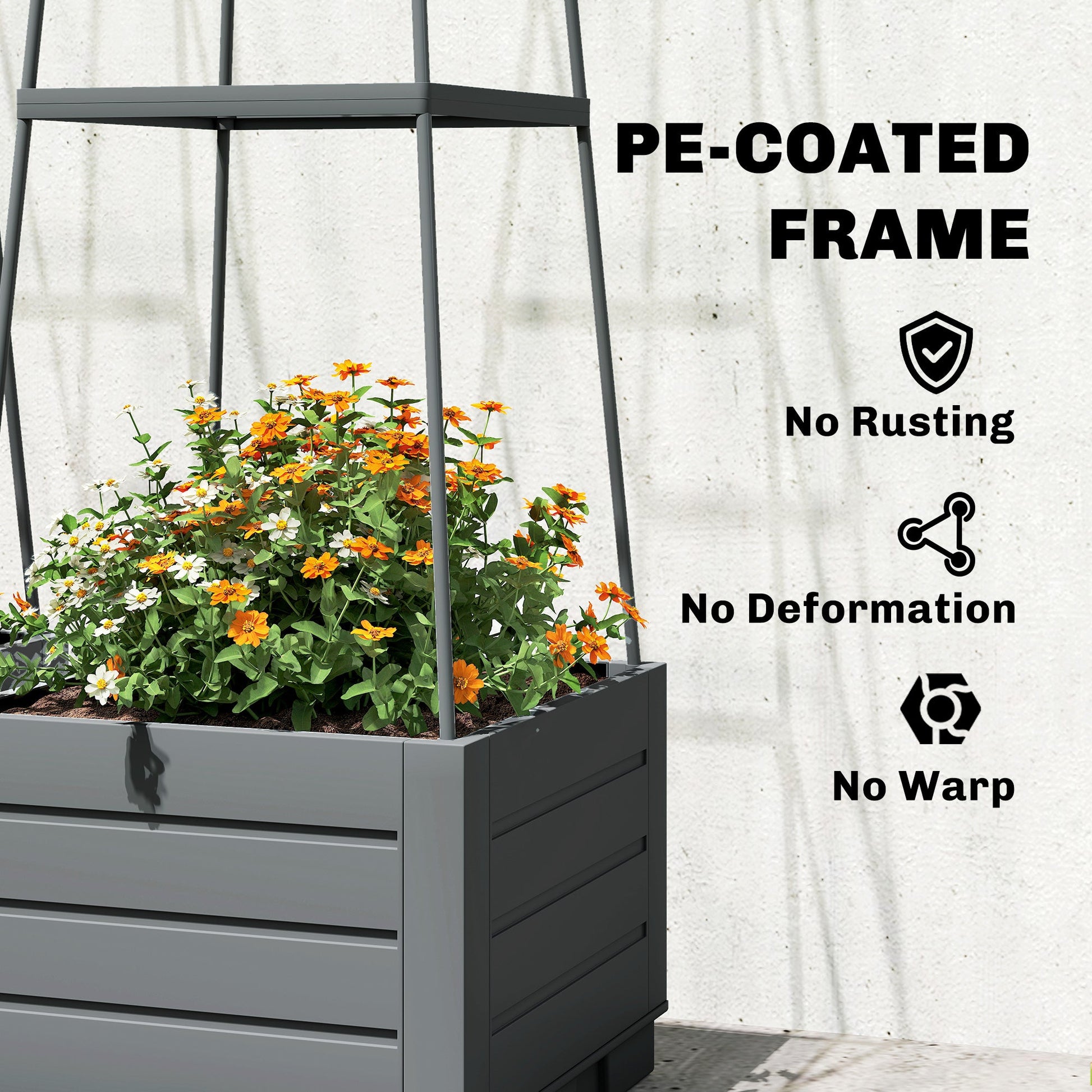 2 Pack Raised Garden Bed with Trellis, Plastic Outdoor Planter Box with Removable Drainage Tray, Tomato Cage for Climbing Plants, Vegetables, Flowers, 28 x 28 x 140 cm