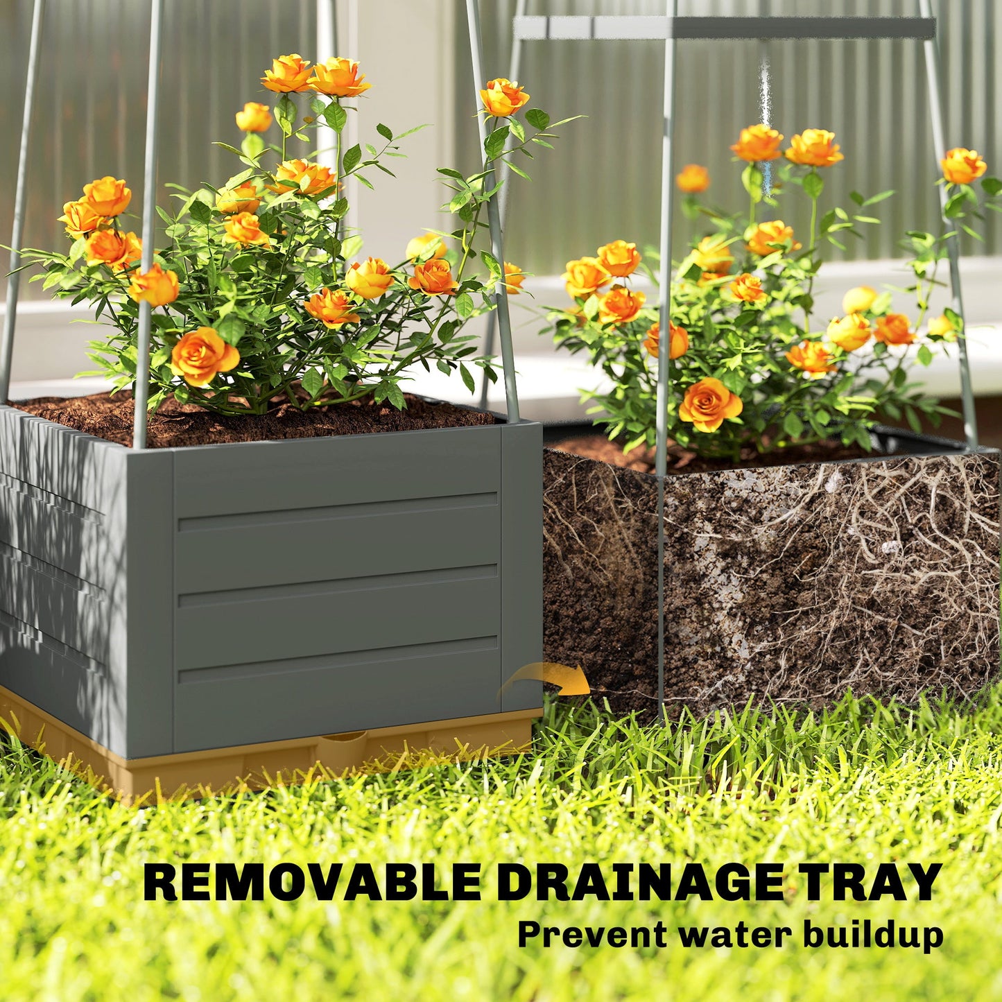 2 Pack Raised Garden Bed with Trellis, Plastic Outdoor Planter Box with Removable Drainage Tray, Tomato Cage for Climbing Plants, Vegetables, Flowers, 28 x 28 x 140 cm