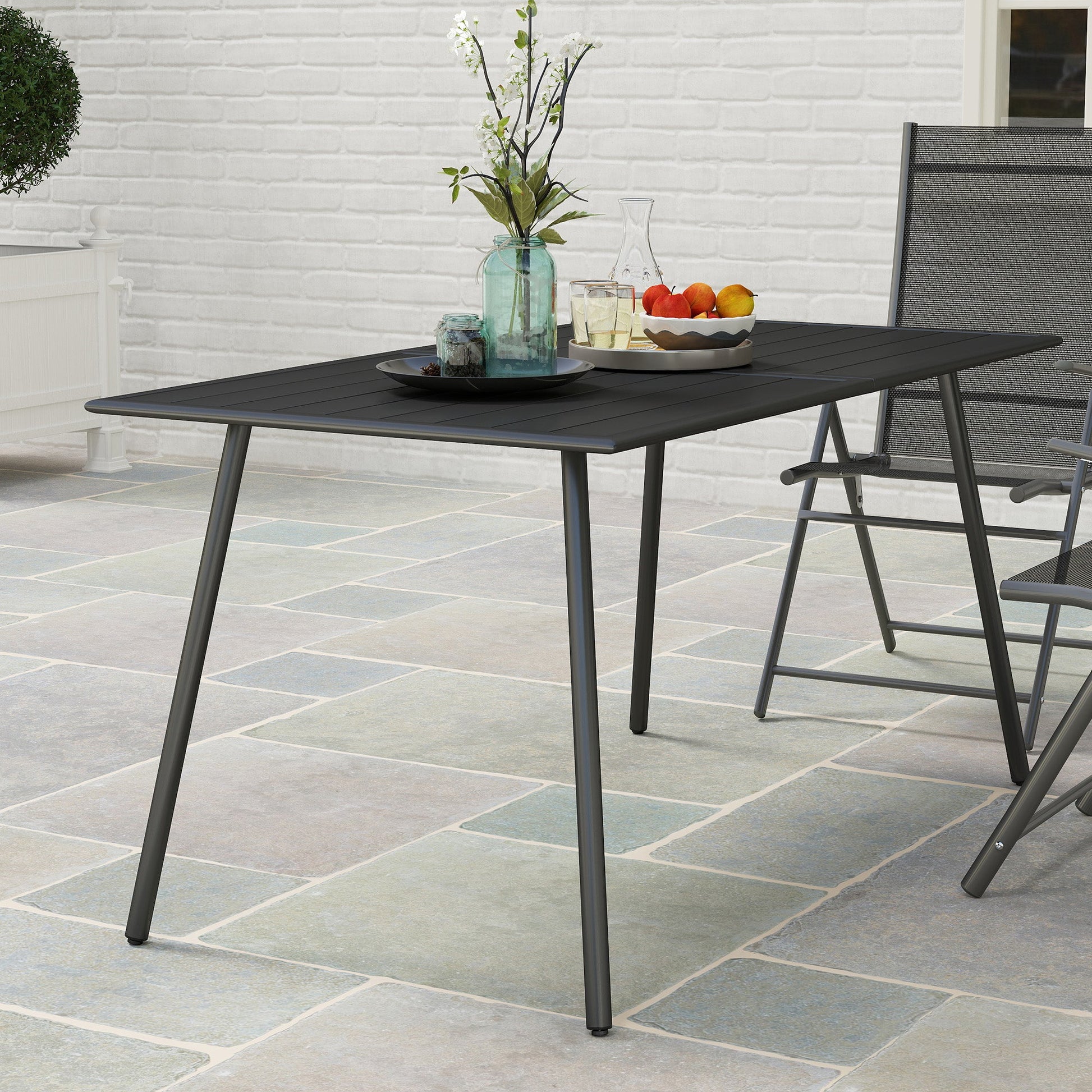 Garden Table for 6 Person, Rectangle Outdoor Table with Easy Clean Slat Top, Rust Resistant Steel Frame, for Deck, Balcony, 150 x 80 x 74 cm, Black