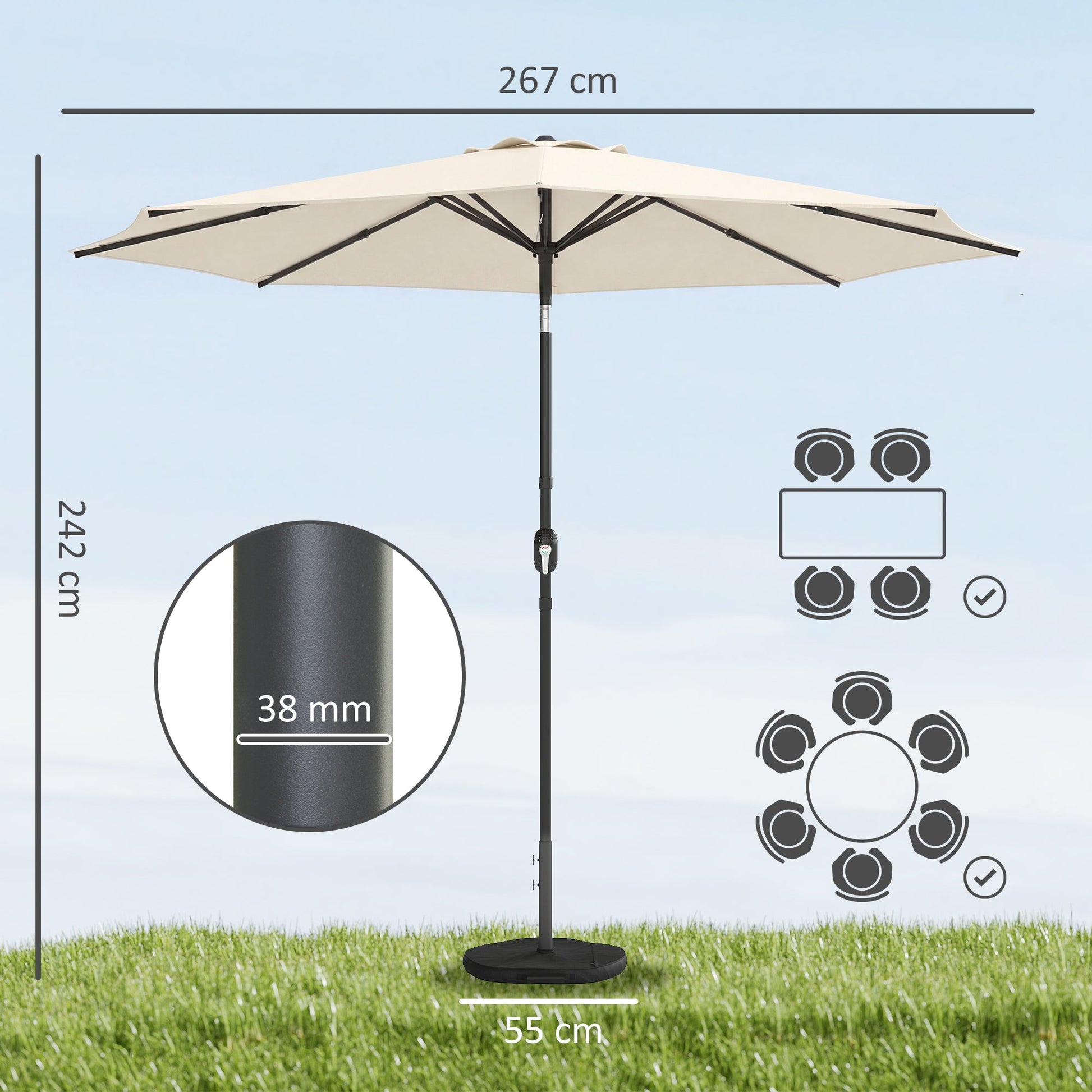 2.7 m Garden Parasol Umbrella with Cross Base and Sandbag, Retractable Ribs, Outdoor Table Market Patio Umbrella Sun Shade with 30 Degree Tilt and Crank, Vent, Cream White