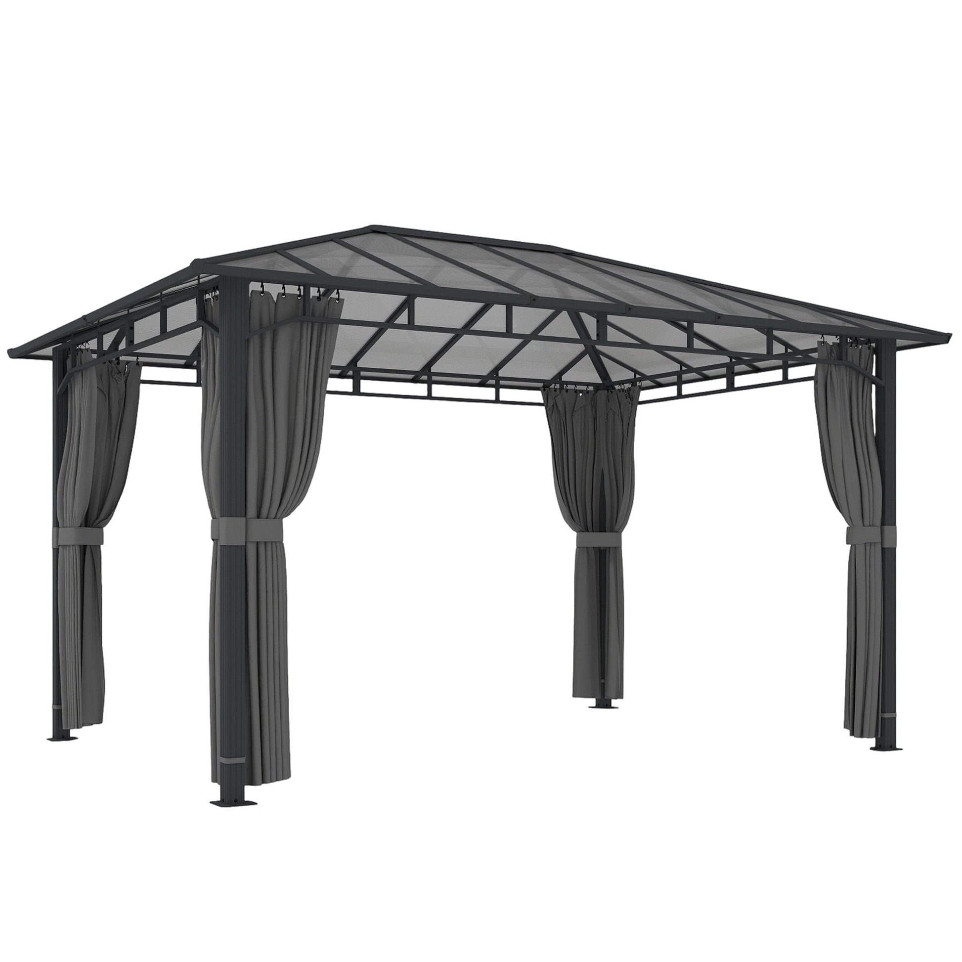 3 x 4 m Outdoor Hardtop Gazebo Canopy with Polycarbonate Roof, Waterproof Aluminium Permanent Pavilion Garden Gazebo Patio Shelter with Curtains, Dark Grey