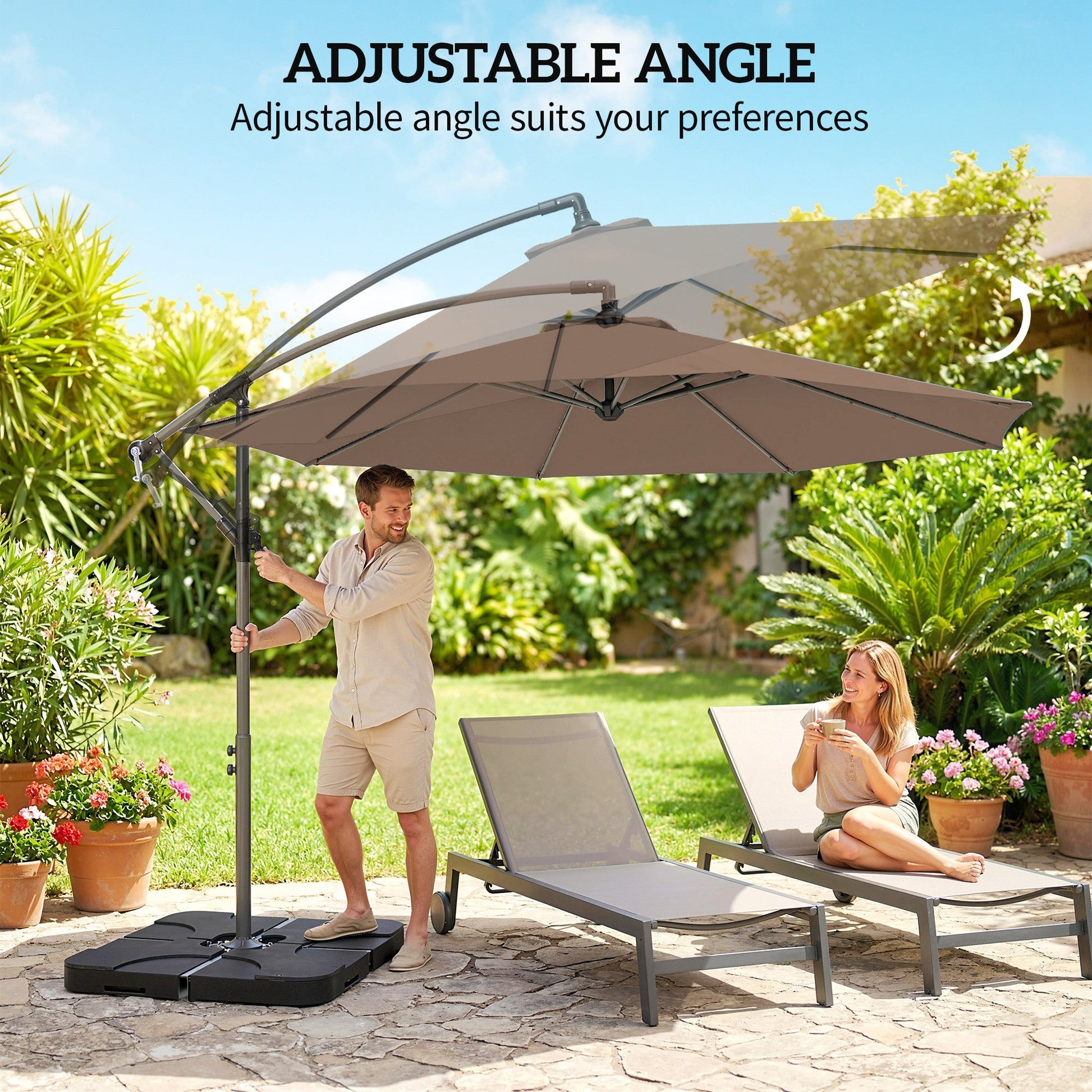 3 m Cantilever Parasol with Umbrella Weights, Cross Base, Offset Outdoor Umbrella with Protective Cover, Crank Handle, Hanging Sun Shade, Coffee