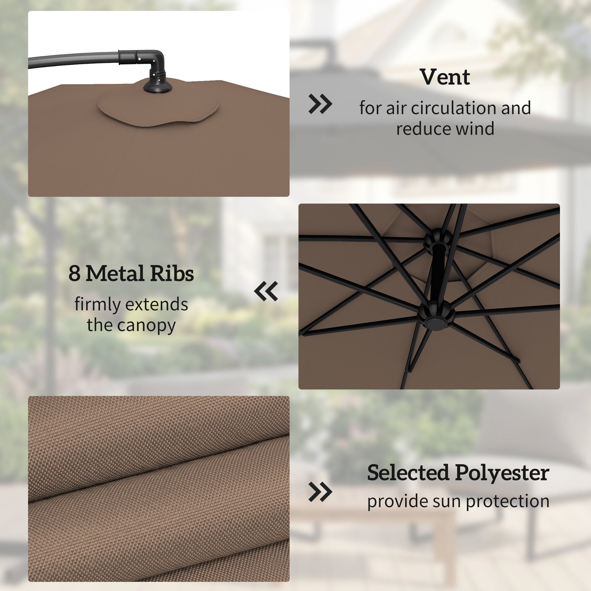 3 m Cantilever Parasol with Umbrella Weights, Cross Base, Offset Outdoor Umbrella with Protective Cover, Crank Handle, Hanging Sun Shade, Coffee