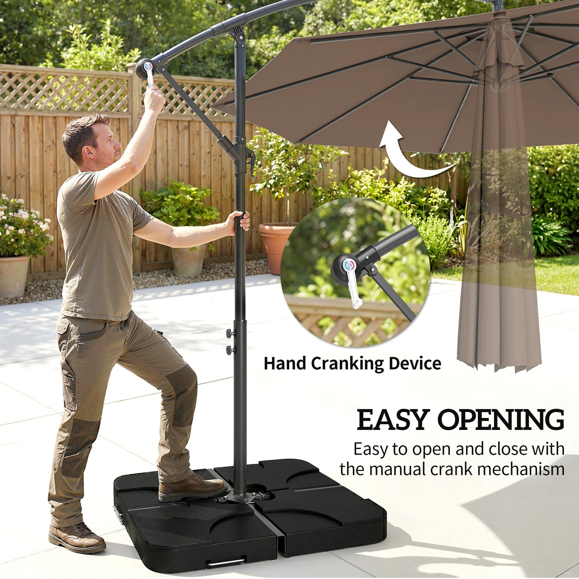 3 m Cantilever Parasol with Umbrella Weights, Cross Base, Offset Outdoor Umbrella with Protective Cover, Crank Handle, Hanging Sun Shade, Coffee