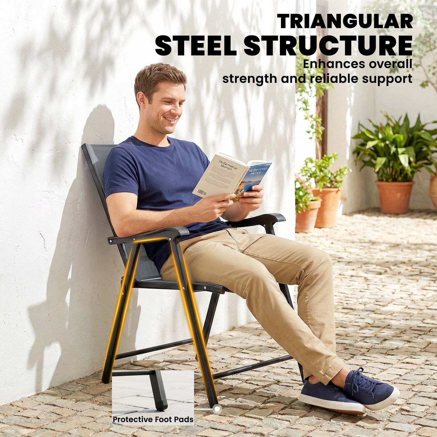 Folding Garden Chairs Set of 2, Foldable Garden Dining Chairs with High Back and Armrests, Breathable Texteline Folding Outdoor Chair Set with Metal Frame for Patio, Balcony, Light Grey