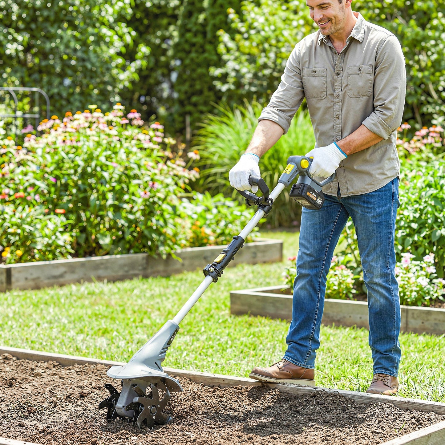 Cordless Tiller, 18V Electric Garden Rotavator with 2 x 4000mAh Batteries, Charger, 20cm Tilling Width & 18cm Depth, 4 Blades, Aluminium Shaft, Adjustable Handle for Weeding, Loosening Soil