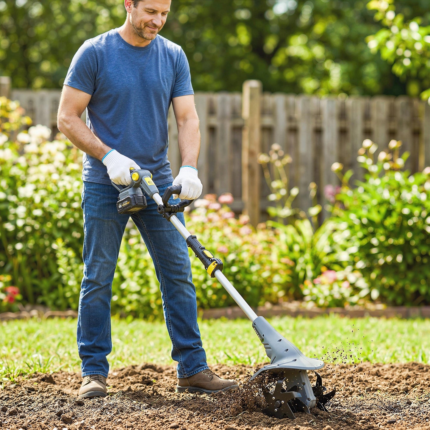 Cordless Tiller, 18V Electric Garden Rotavator with 2 x 4000mAh Batteries, Charger, 20cm Tilling Width & 18cm Depth, 4 Blades, Aluminium Shaft, Adjustable Handle for Weeding, Loosening Soil