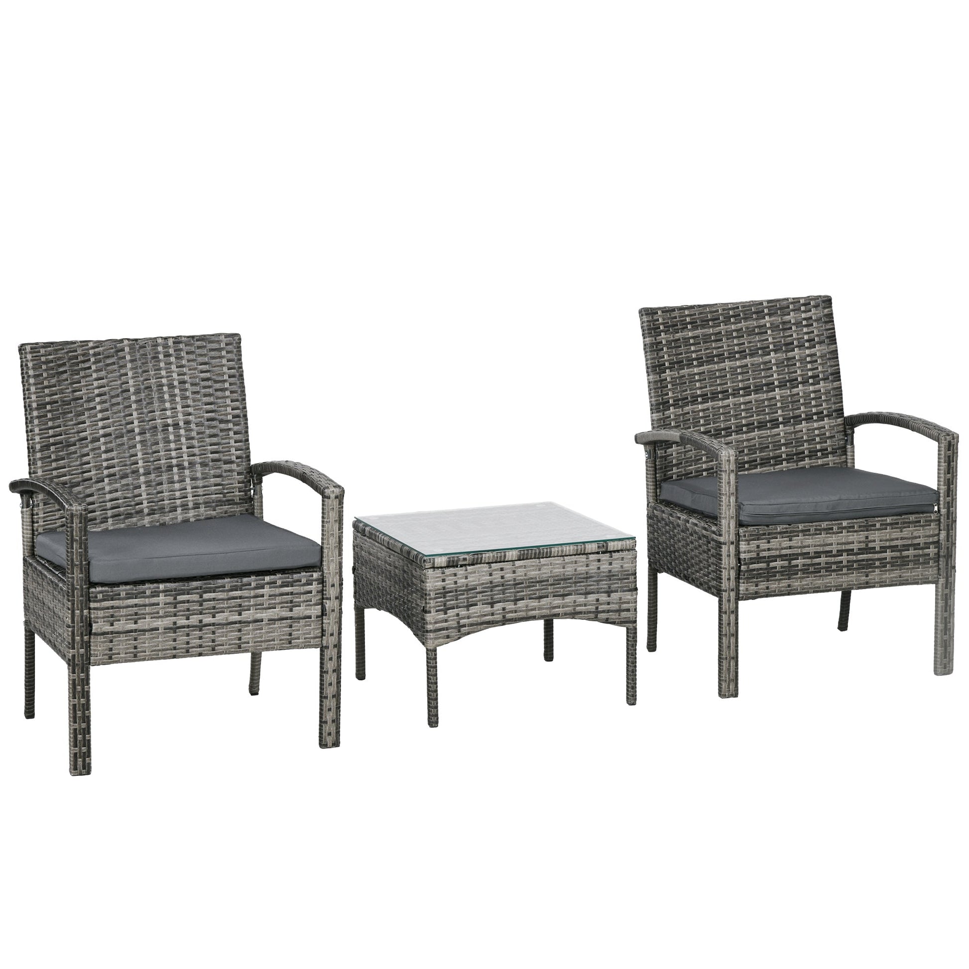 3 Pieces Rattan Bistro Set, Wicker Garden Furniture Set with Glass Top Coffee Table and Chairs, Washable Cushions for Outdoor, Patio, Balcony, Mixed Grey