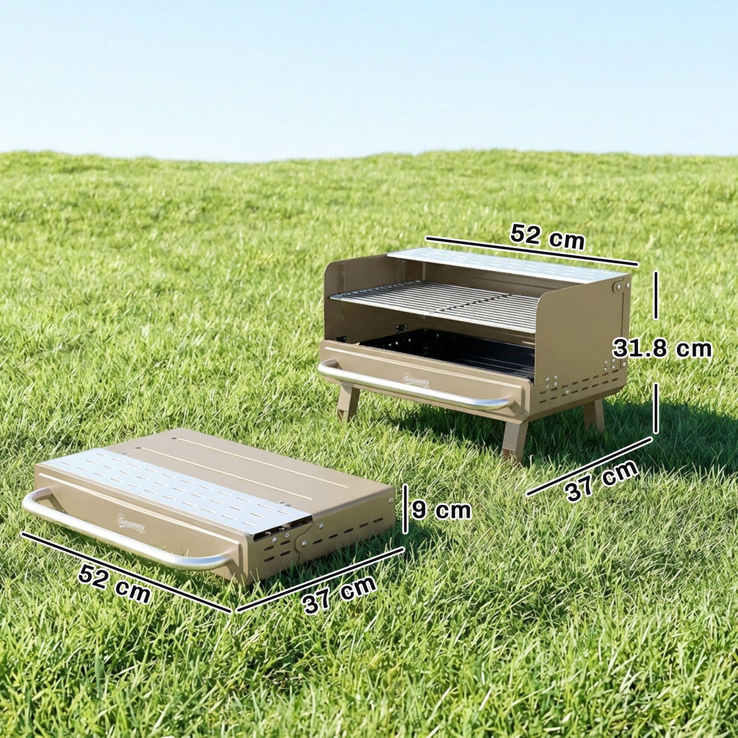 Portable BBQ Grill, Charcoal Barbecue Grill with Adjustable Grates, Foldable Legs and Side Shelf for Camping Hiking Picnic Travel Garden Outdoor Cooking, Khaki