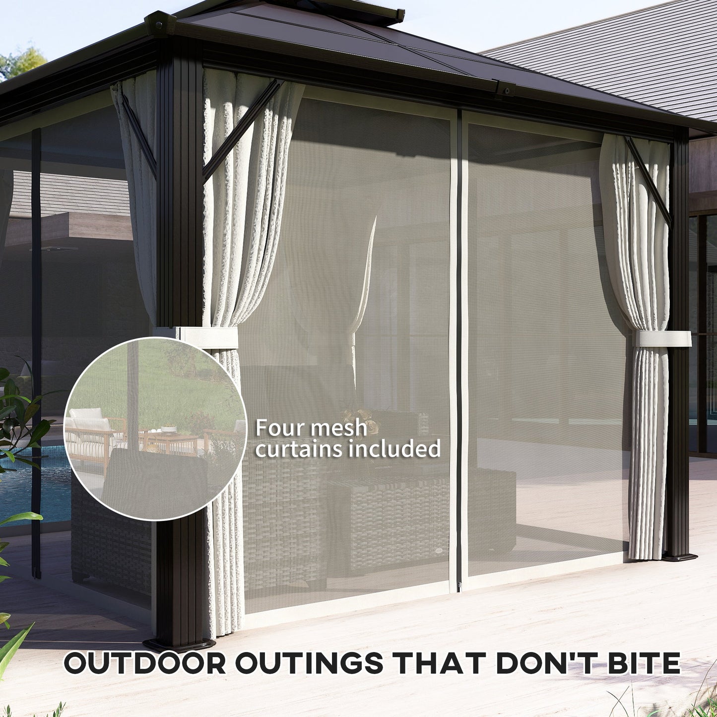 3 x 3(m) Hardtop Gazebo Canopy with UPF30+ Double Polycarbonate Roof, Aluminium Frame Garden Gazebo Permanent Pavilion with Mosquito Netting and Curtains for Patio, Deck, Beige