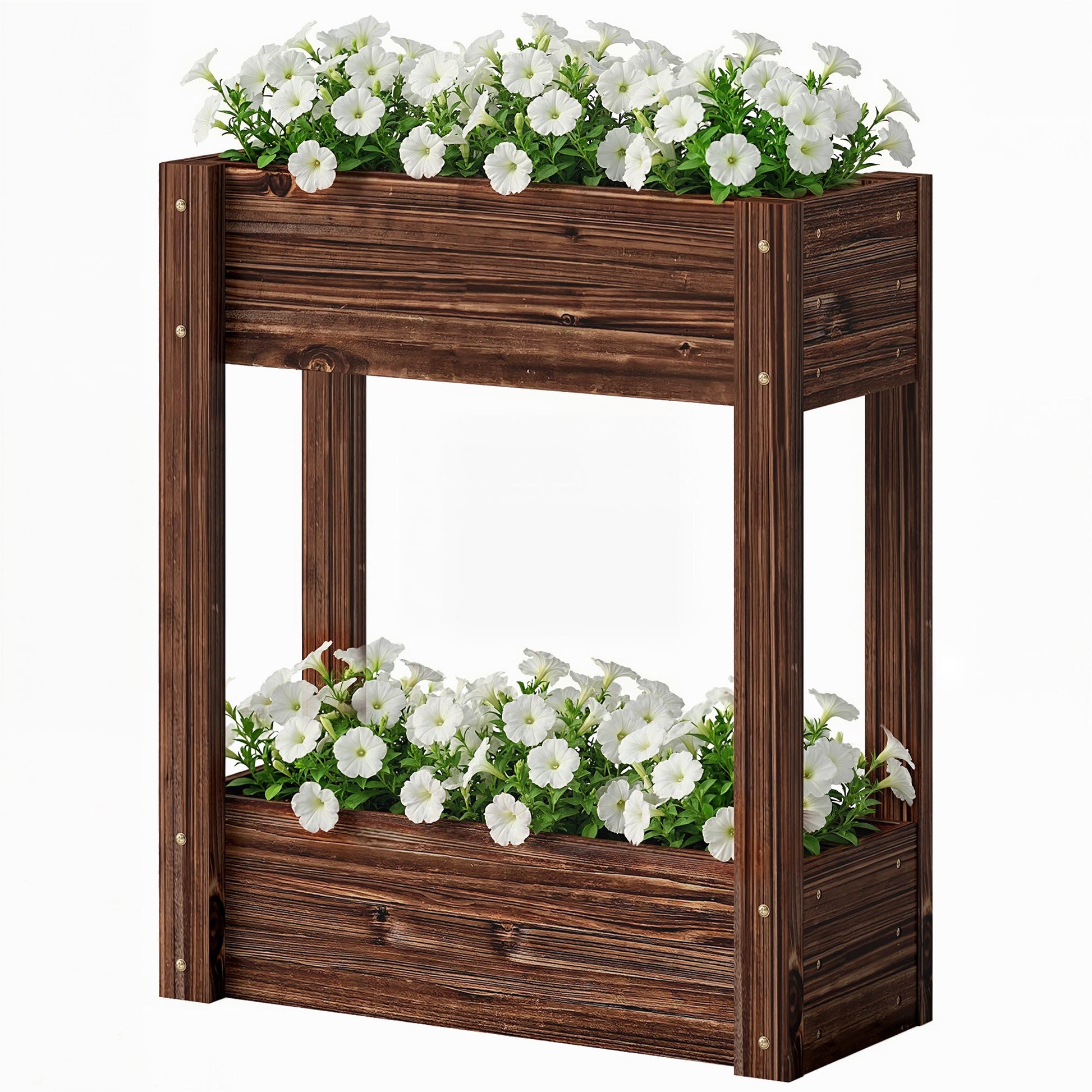 2-Tier Wooden Raised Planter, Raised Garden Bed on Legs with Drainage Holes and Bed Liner, Outdoor Elevated Garden Planter for Vegetables, Herbs, Flowers, 60 x 25 x 70 cm