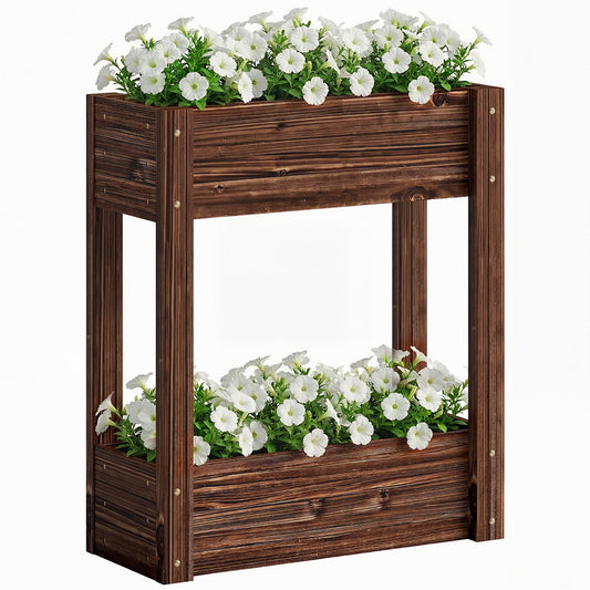 2-Tier Wooden Raised Planter, Raised Garden Bed on Legs with Drainage Holes and Bed Liner, Outdoor Elevated Garden Planter for Vegetables, Herbs, Flowers, 60 x 25 x 70 cm