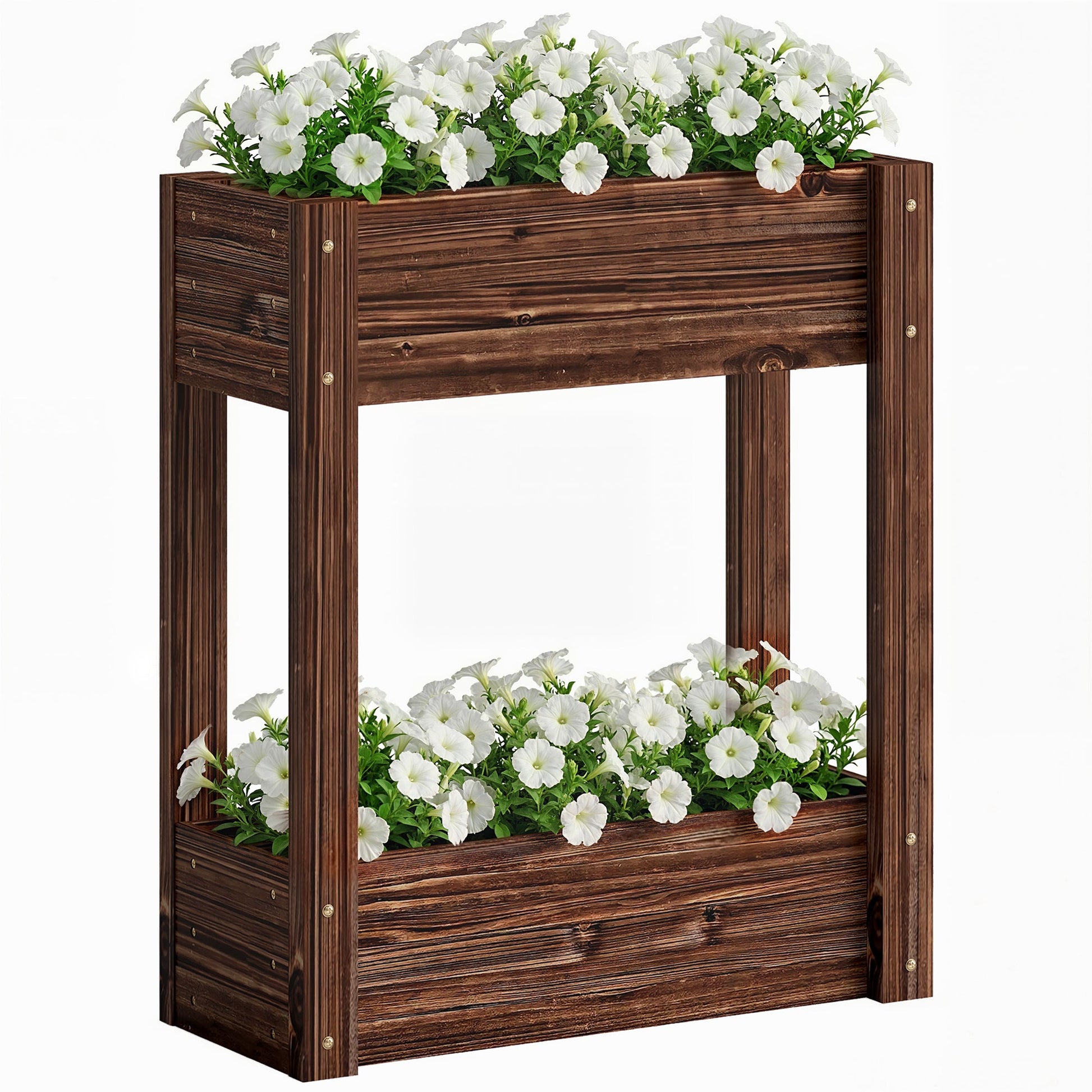 2-Tier Wooden Raised Planter, Raised Garden Bed on Legs with Drainage Holes and Bed Liner, Outdoor Elevated Garden Planter for Vegetables, Herbs, Flowers, 60 x 25 x 70 cm