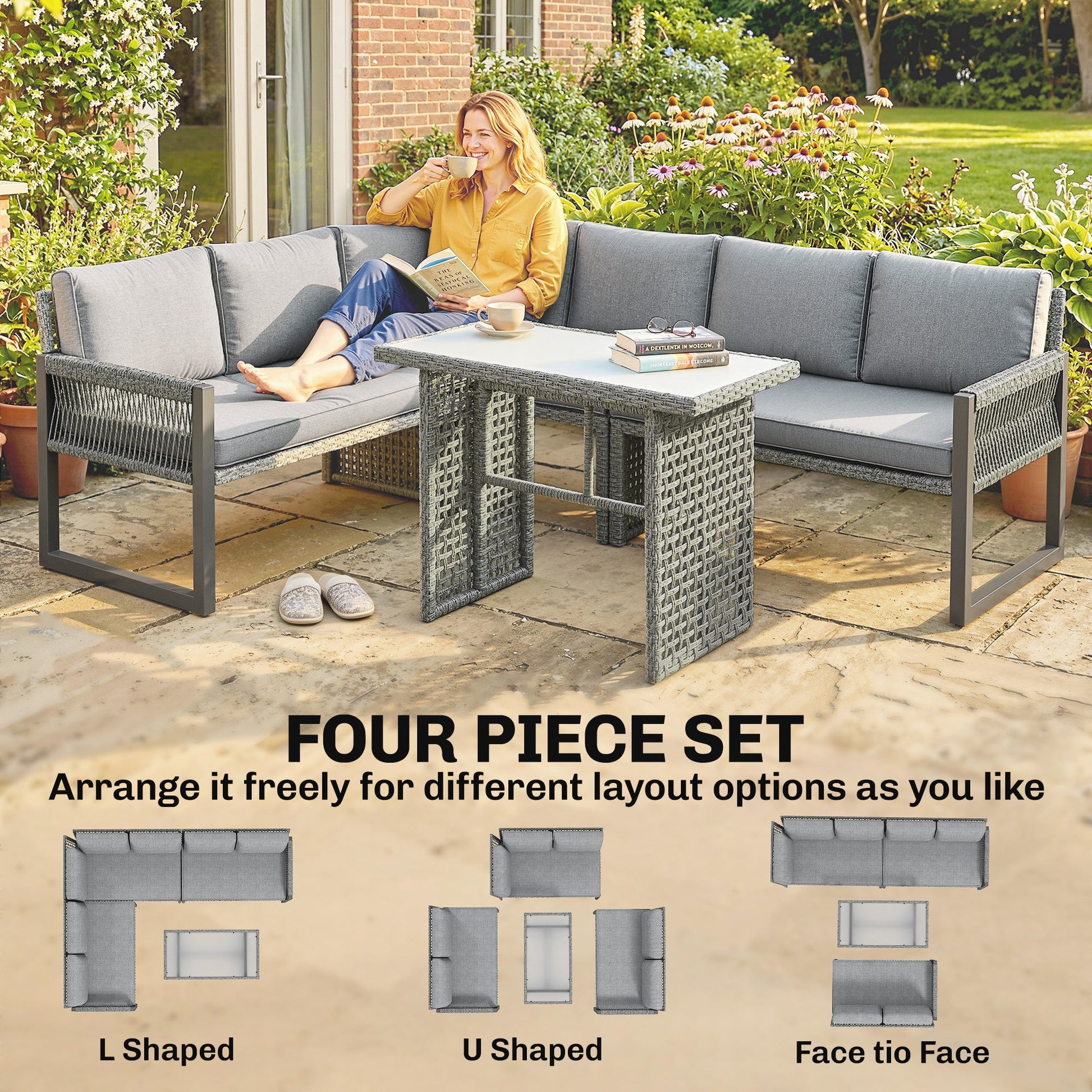 6 Seater Rattan Garden Furniture Set with 3 Loveseats, Glass-Top Table, 4 Piece Outdoor Dining Patio Rattan Furniture Corner Sofa Set with Cushions for Conservatory, Grey
