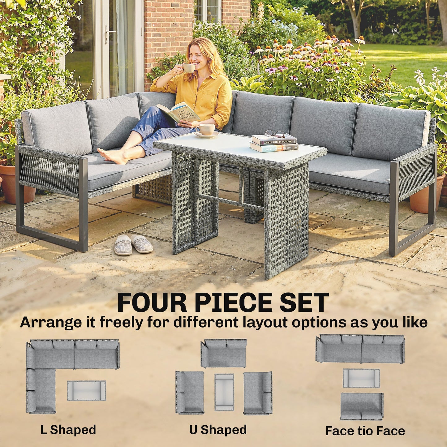 6 Seater Rattan Garden Furniture Set with 3 Loveseats, Glass-Top Table, 4 Piece Outdoor Dining Patio Rattan Furniture Corner Sofa Set with Cushions for Conservatory, Grey