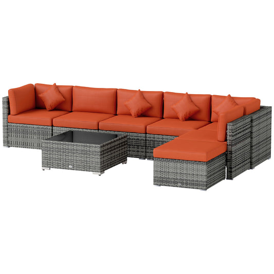 8 Pieces PE Rattan Corner Sofa Set, Outdoor Garden Furniture Set, Patio Wicker Sofa Seater w/ Cushion, Washable Cushion Cover & Tempered Glass Table, Orange