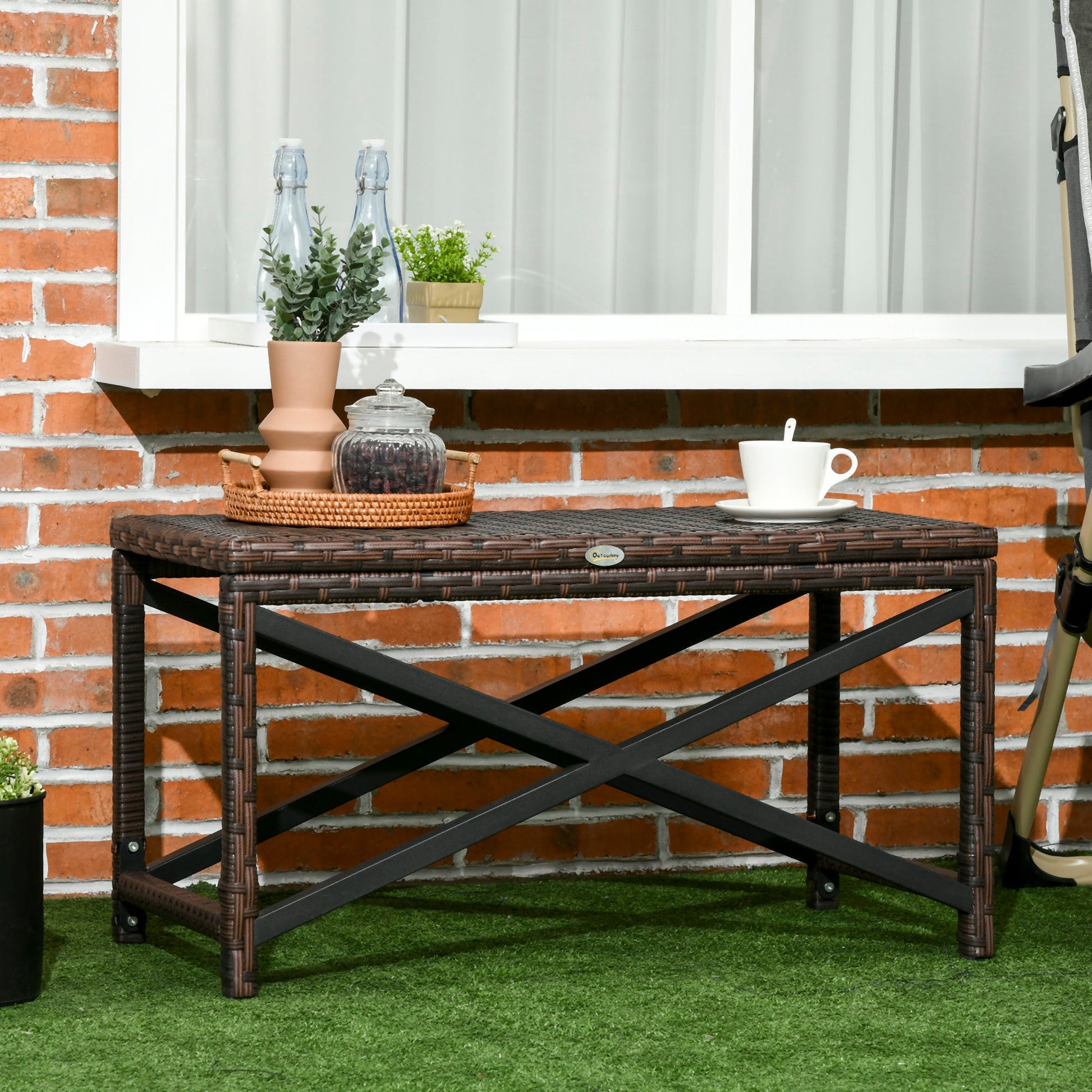 Outdoor Coffee Table, Garden PE Rattan Side Table with Plastic Board Under the Full Woven Table Top and X-Shape Frame for Patio, Balcony, Mixed Brown