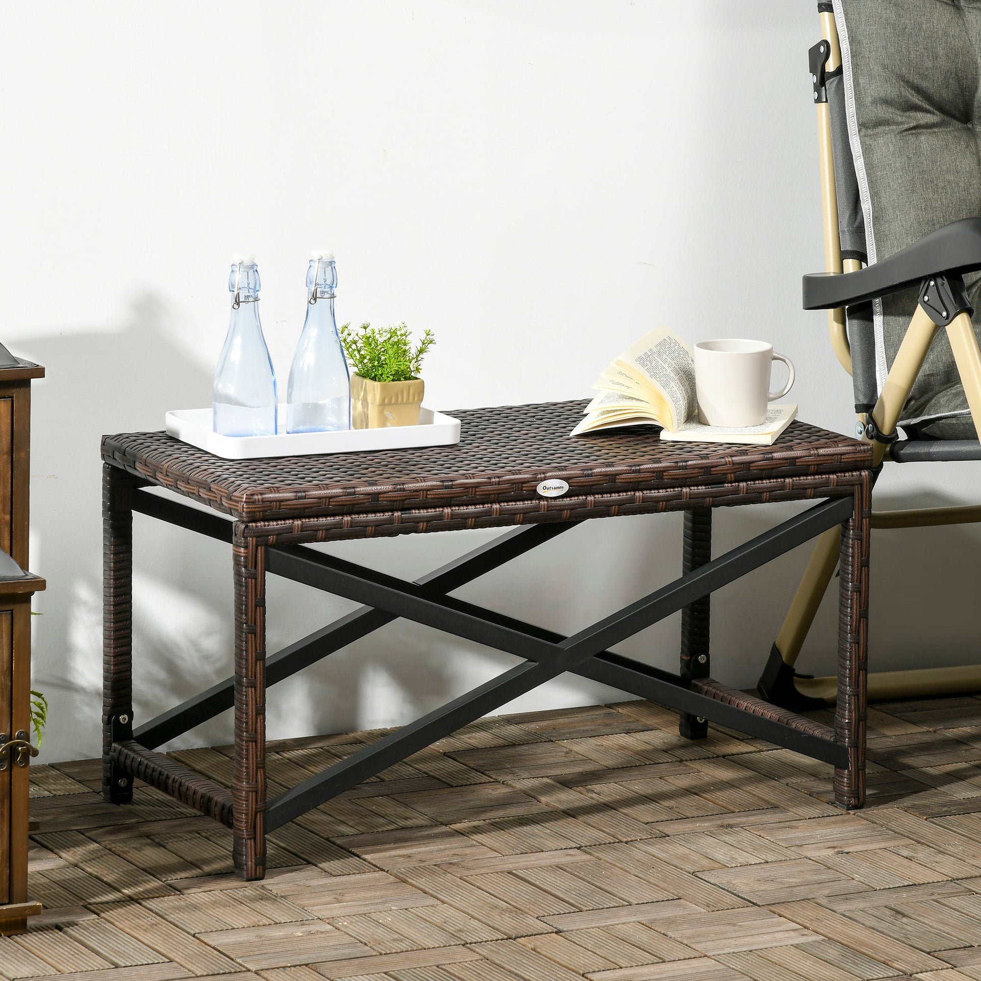 Outdoor Coffee Table, Garden PE Rattan Side Table with Plastic Board Under the Full Woven Table Top and X-Shape Frame for Patio, Balcony, Mixed Brown