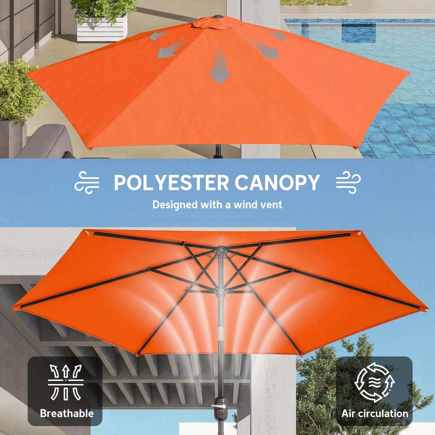 2.6 m Garden Parasol Umbrella with Aluminium Pole, Outdoor Table Market Patio Umbrella Sun Shade with Tilt and Crank, Vent, Orange