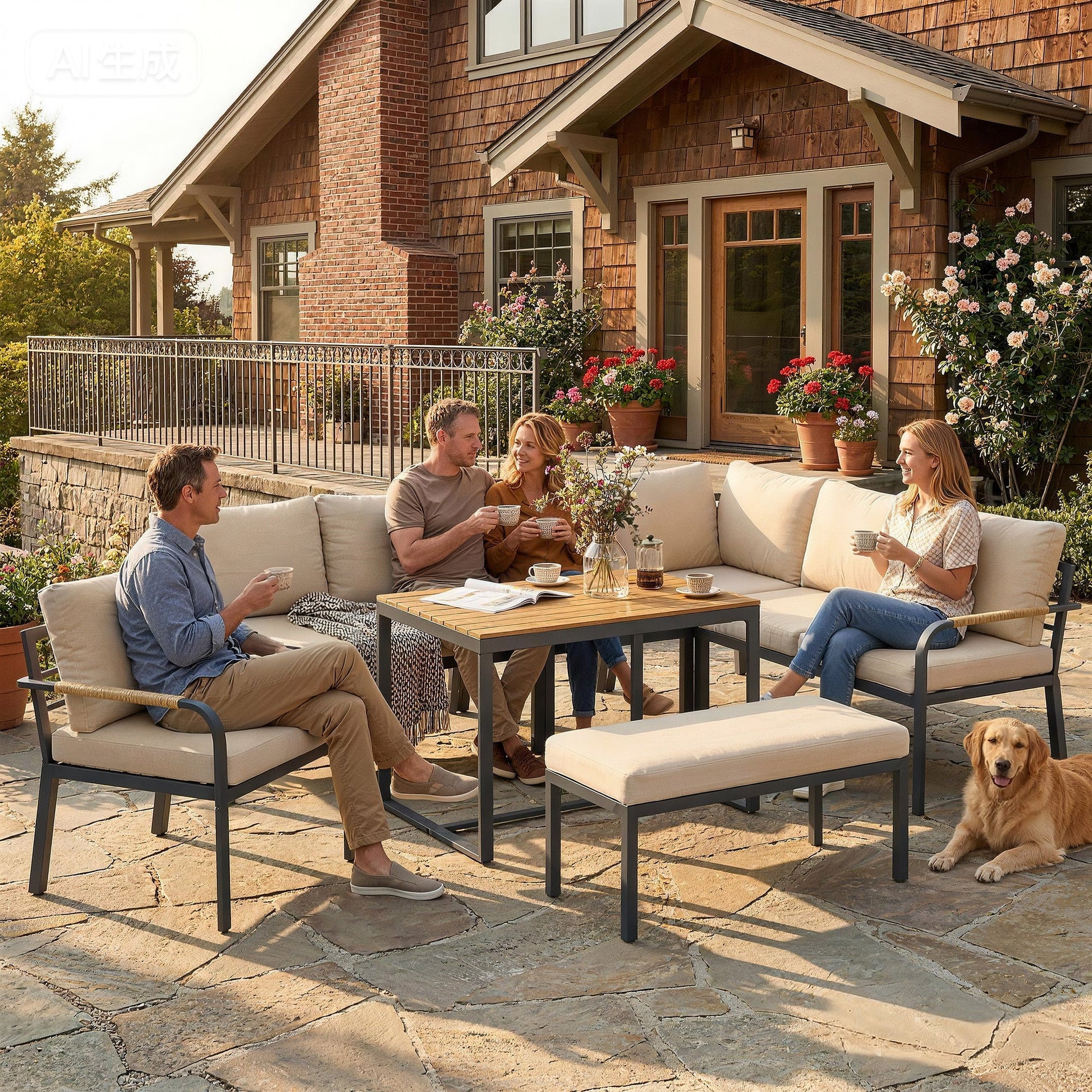 7 Seater Garden Furniture Set with 2 Loveseats, Armchair, 2 Armless Chairs, Footstool, Faux Wood Table, Metal Garden Sofa Set with Cushions, Outdoor Furniture Conversation Sets, Khaki