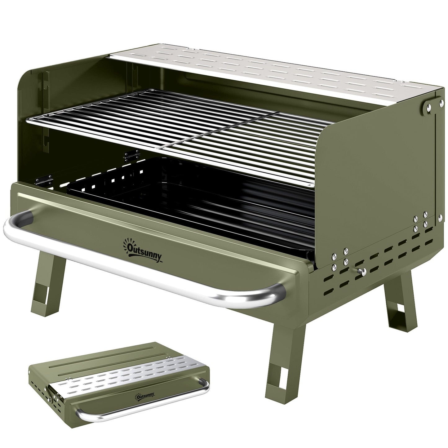 Portable BBQ Grill, Charcoal Barbecue Grill with Adjustable Grates, Foldable Legs and Side Shelf for Camping Hiking Picnic Travel Garden Outdoor Cooking, Green