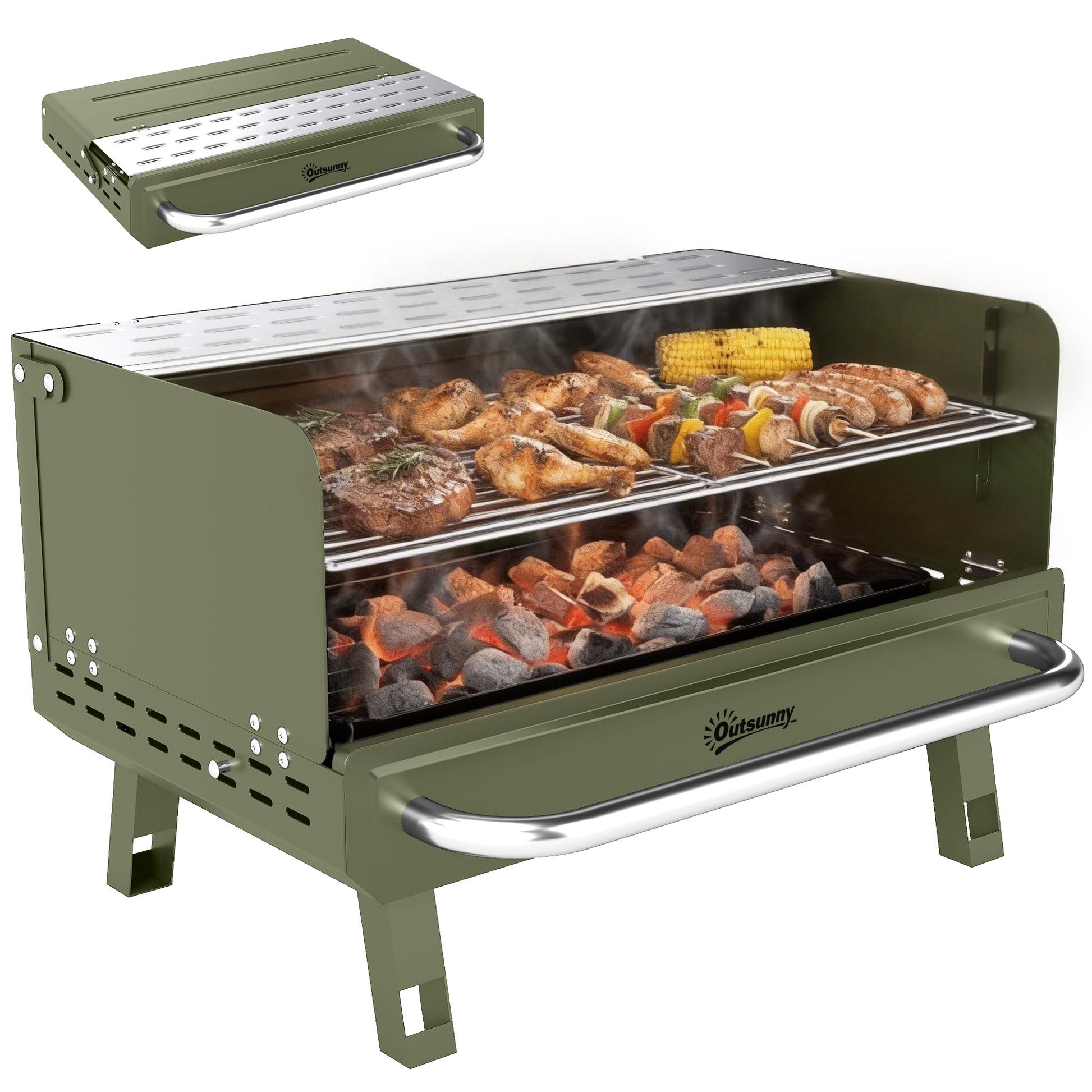 Portable BBQ Grill, Charcoal Barbecue Grill with Adjustable Grates, Foldable Legs and Side Shelf for Camping Hiking Picnic Travel Garden Outdoor Cooking, Green