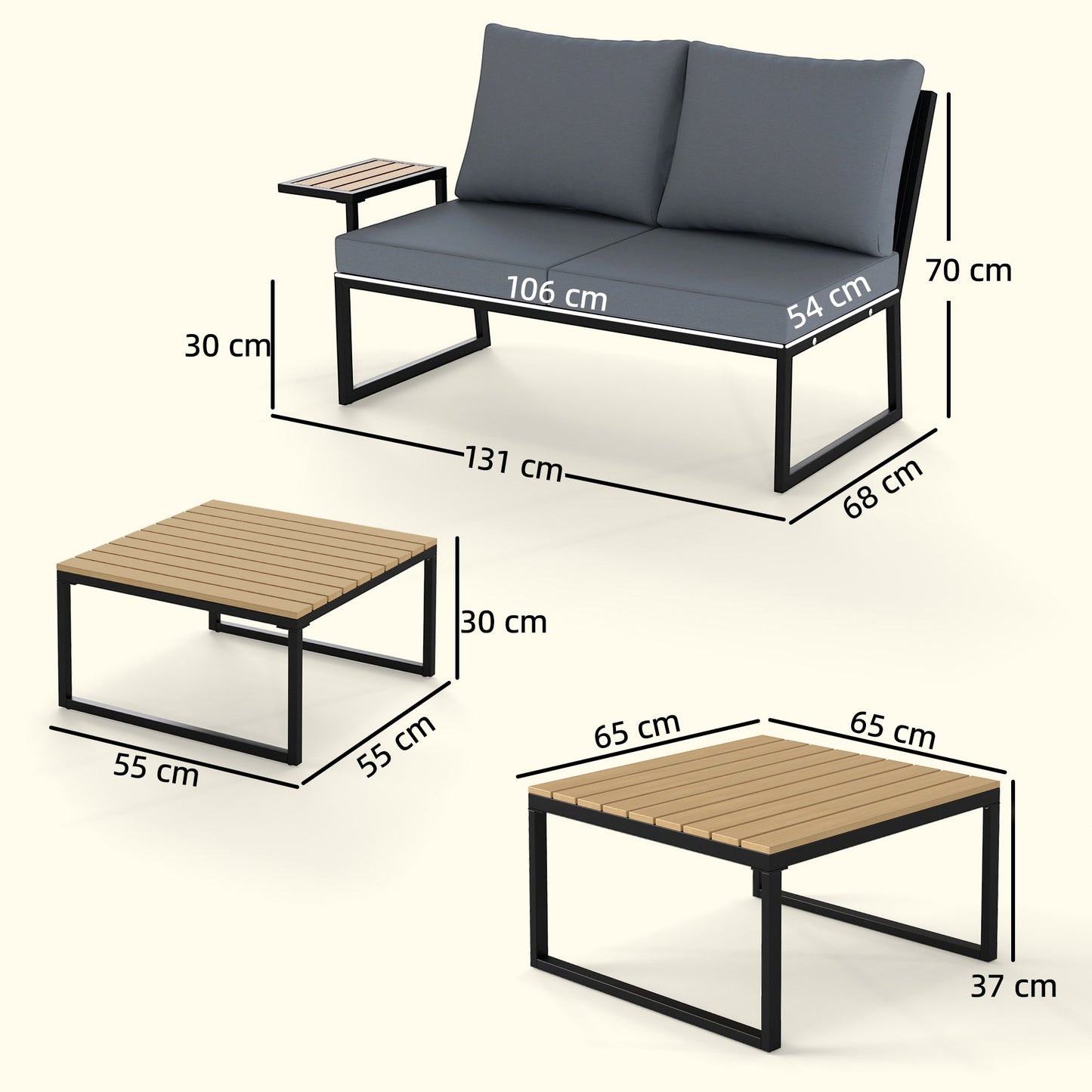 4 Seater Rattan Garden Furniture Set, Corner Garden Sofa Set with 2 Loveseats, 2 Nesting Coffee Tables, Arm Side Trays, Cushions, Metal Outdoor Furniture Conversation Sets for Patio, Teak