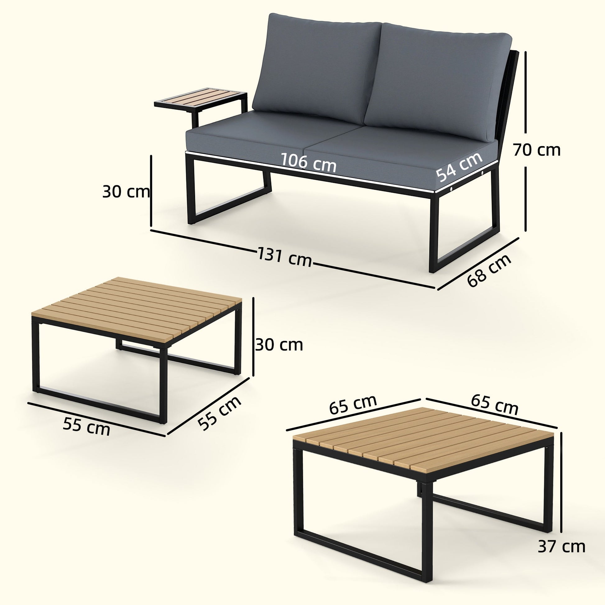 4 Seater Rattan Garden Furniture Set, Corner Garden Sofa Set with 2 Loveseats, 2 Nesting Coffee Tables, Arm Side Trays, Cushions, Metal Outdoor Furniture Conversation Sets for Patio, Teak