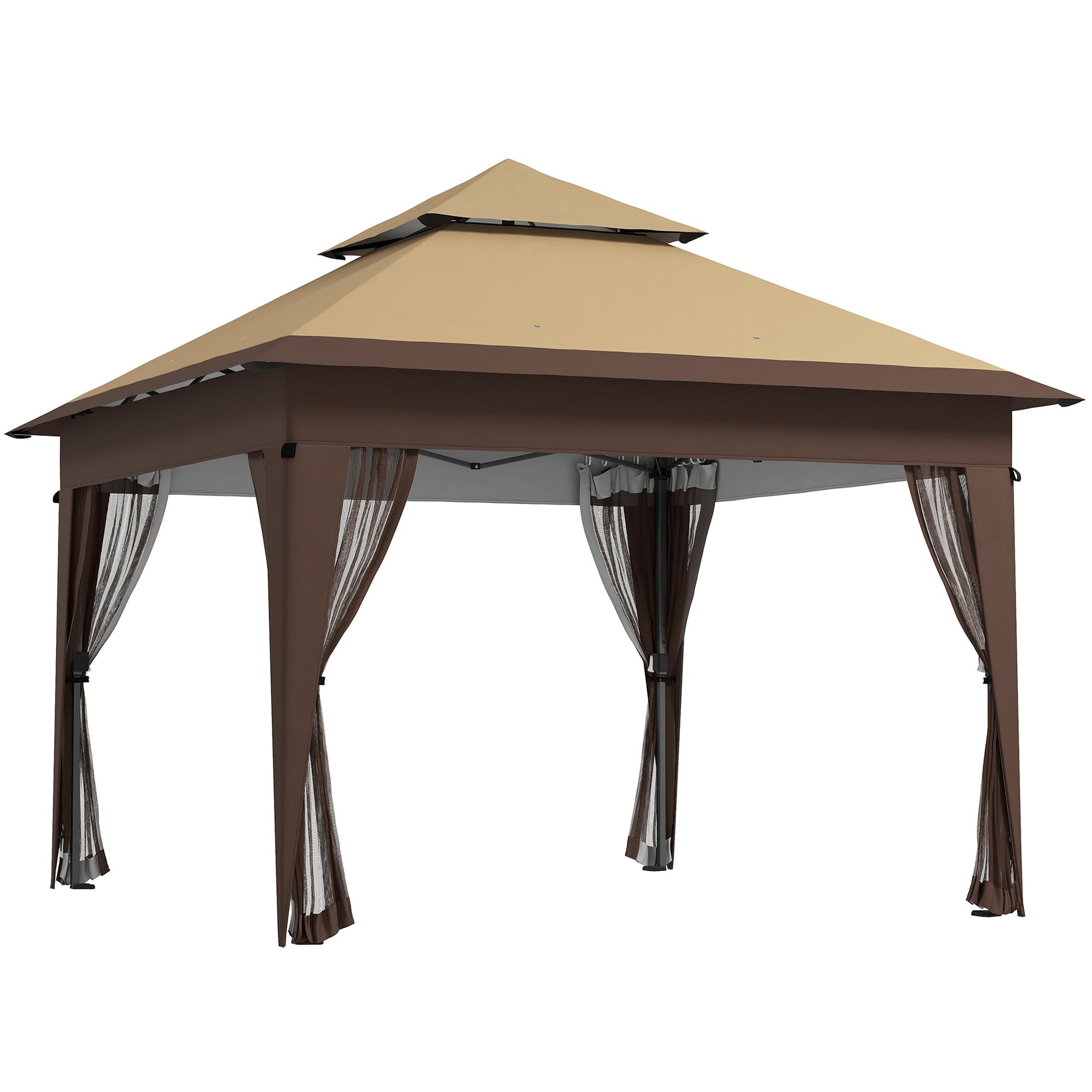 3 x 3(m) Pop Up Gazebo with Mosquito Netting, 1 Person Easy up Marquee Party Tent with 1-Button Push, Double Roof, Carry Bag, Sandbags, Height Adjustable Instant Shelter, Khaki