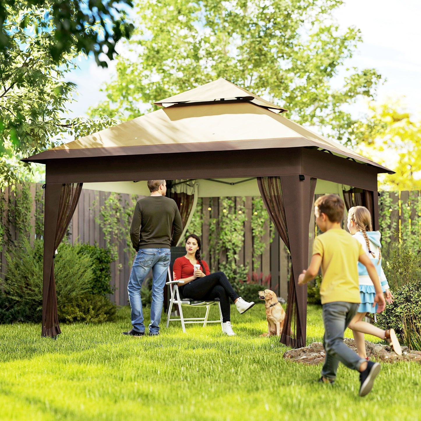 3 x 3(m) Pop Up Gazebo with Mosquito Netting, 1 Person Easy up Marquee Party Tent with 1-Button Push, Double Roof, Carry Bag, Sandbags, Height Adjustable Instant Shelter, Khaki