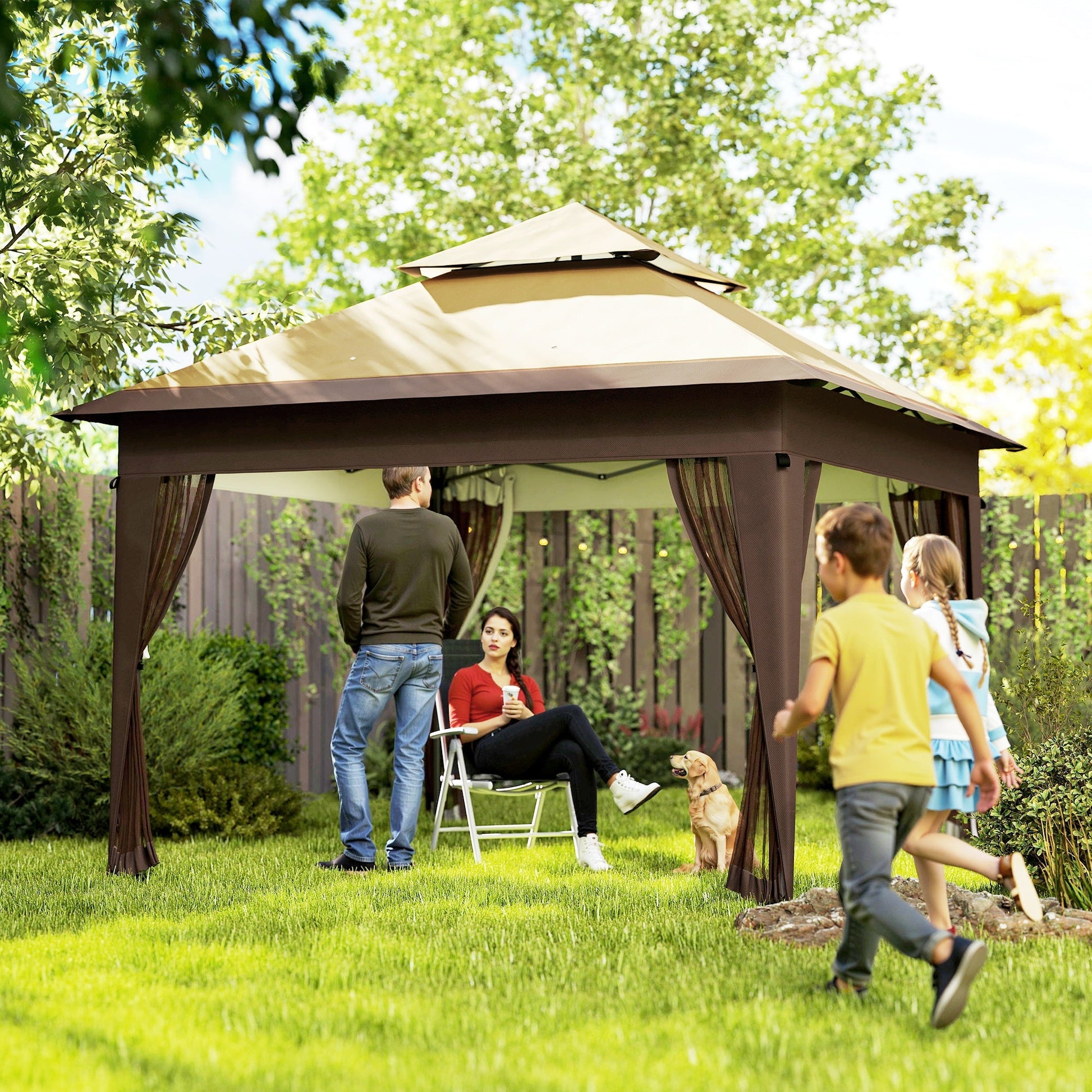 3 x 3(m) Pop Up Gazebo with Mosquito Netting, 1 Person Easy up Marquee Party Tent with 1-Button Push, Double Roof, Carry Bag, Sandbags, Height Adjustable Instant Shelter, Khaki