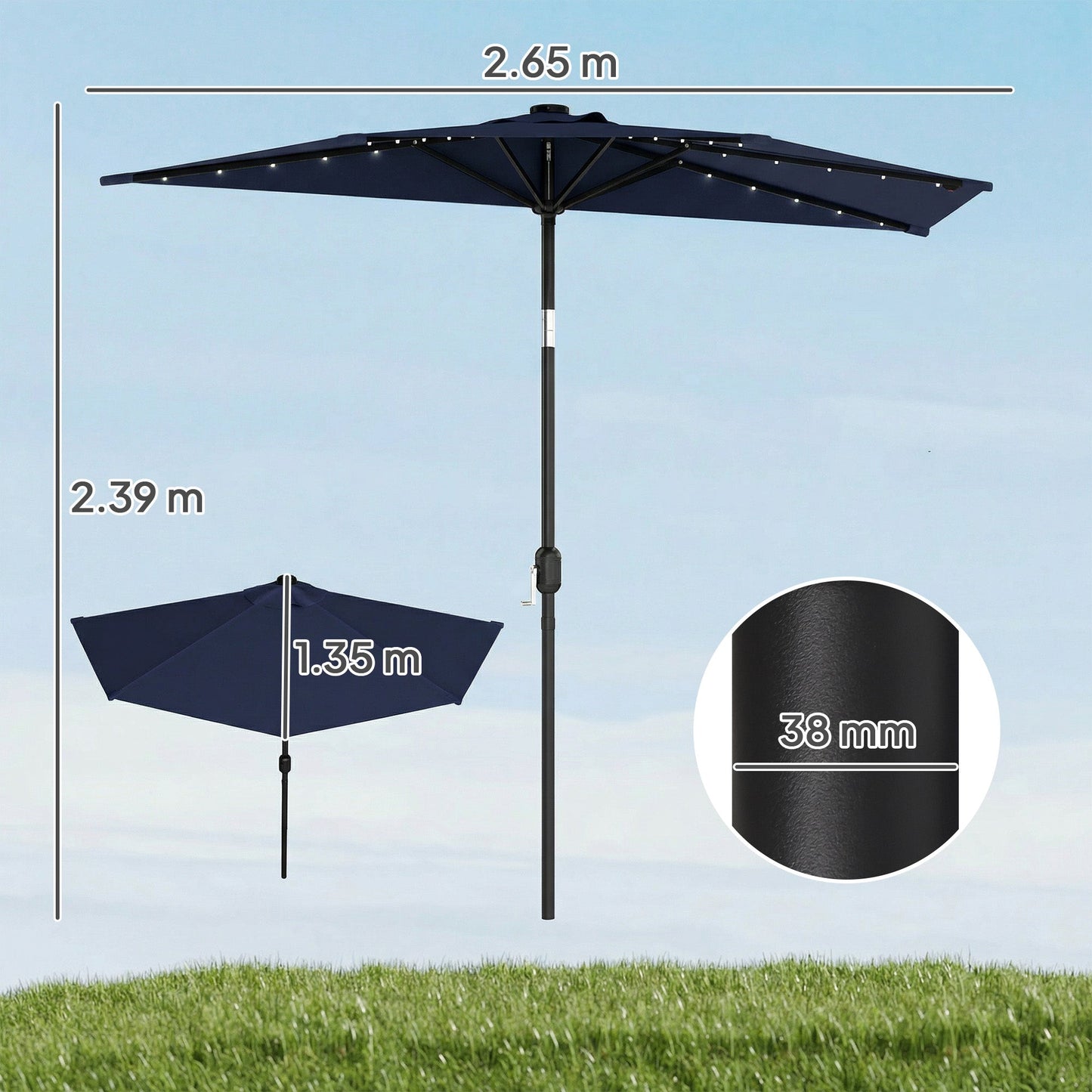 2.6 m Half Garden Parasol with Solar LED Lights, UPF50+ Semi Round Umbrella with 30° Tilt, Crank Handle, Metal Frame for Balcony, Dark Blue