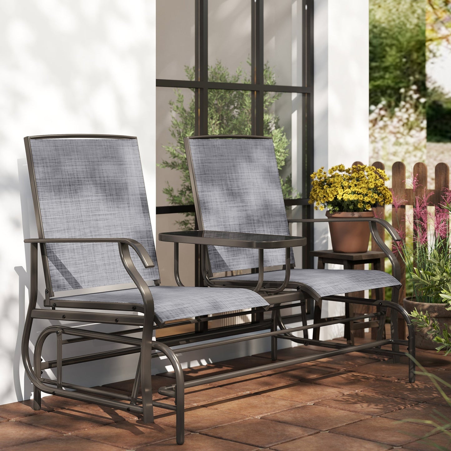 2 Seats Garden Glider Bench, Metal Frame Loveseat with Glass Top  Centre Table, Porch Rocking Glider for 2 Person, for Deck, Patio, Brown/ Grey