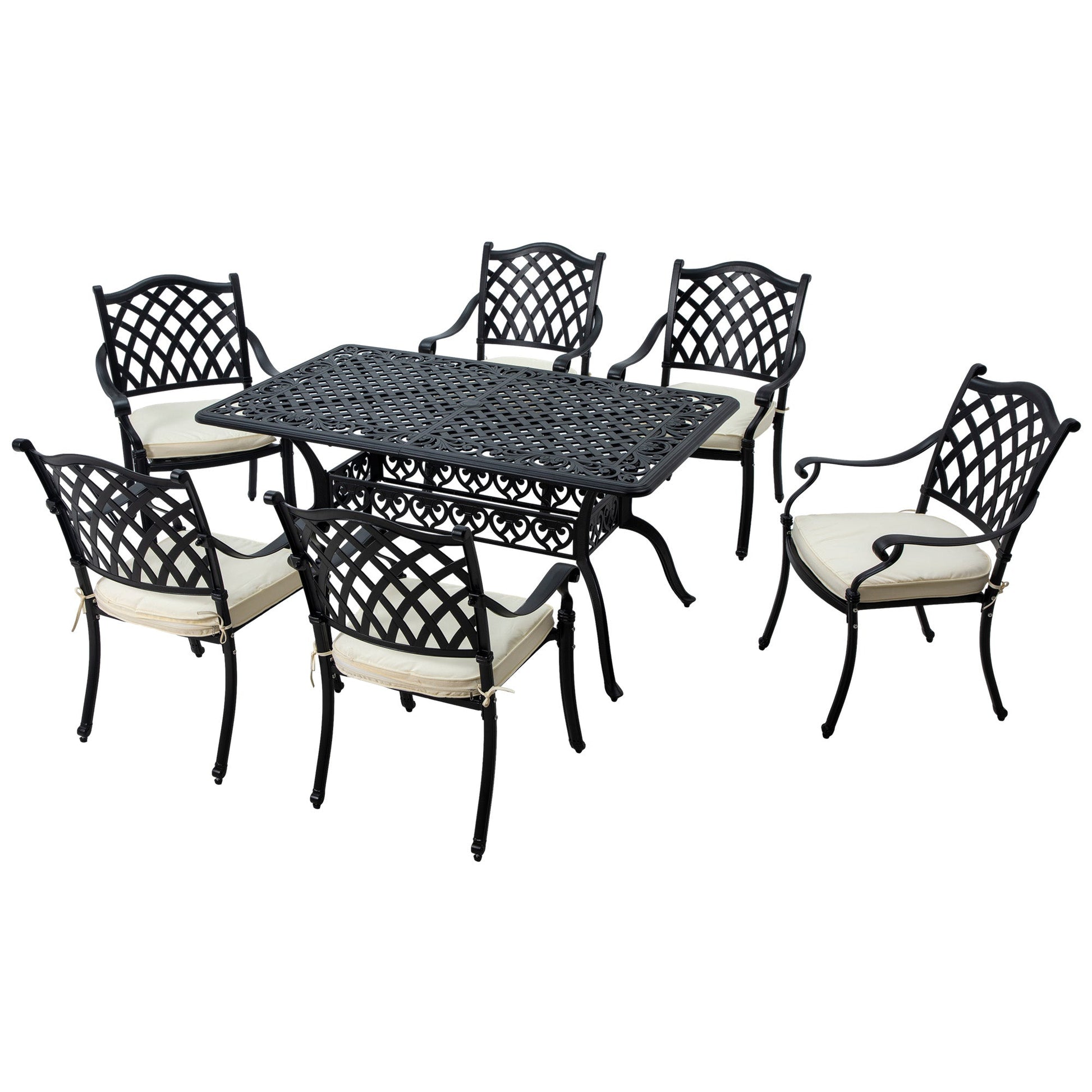 7 PCs Garden Patio Dining Set with Parasol Hole, Cast Aluminium Outdoor Furniture Set with Six Cushioned Chairs and Rectangle Dining Table, for Garden, Lawn, Deck, Black
