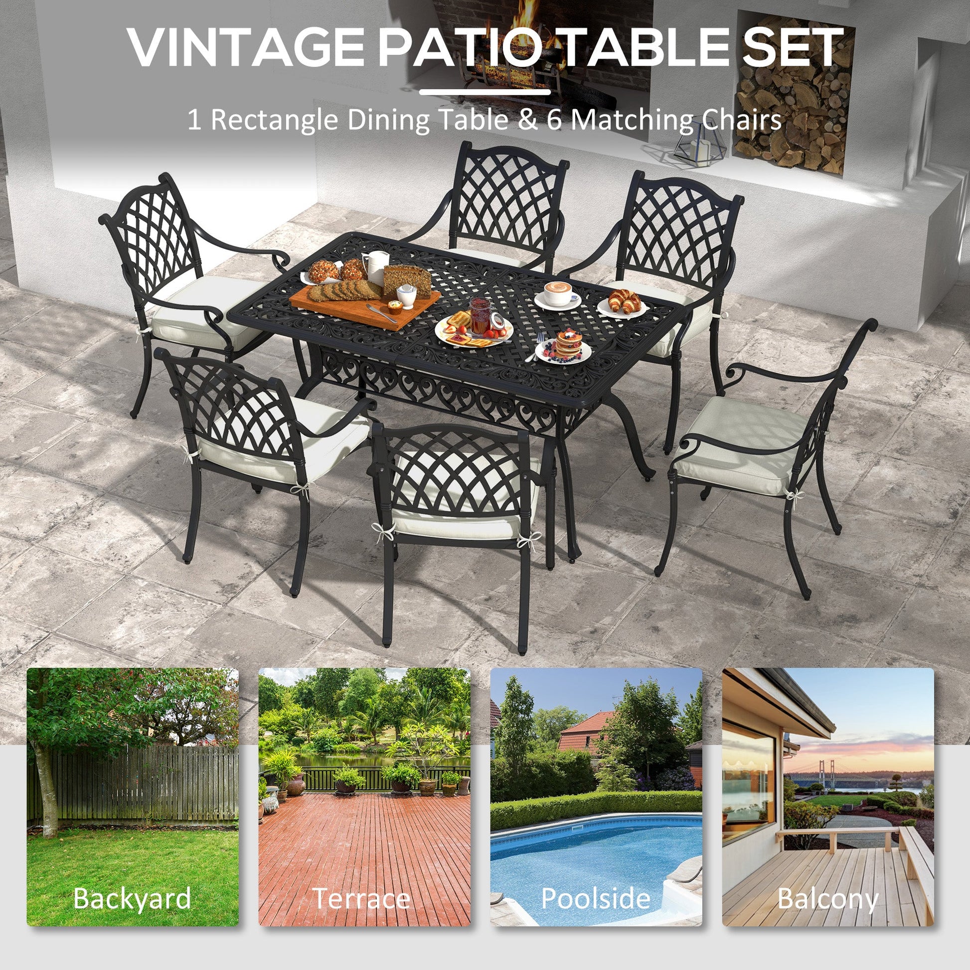 7 PCs Garden Patio Dining Set with Parasol Hole, Cast Aluminium Outdoor Furniture Set with Six Cushioned Chairs and Rectangle Dining Table, for Garden, Lawn, Deck, Black