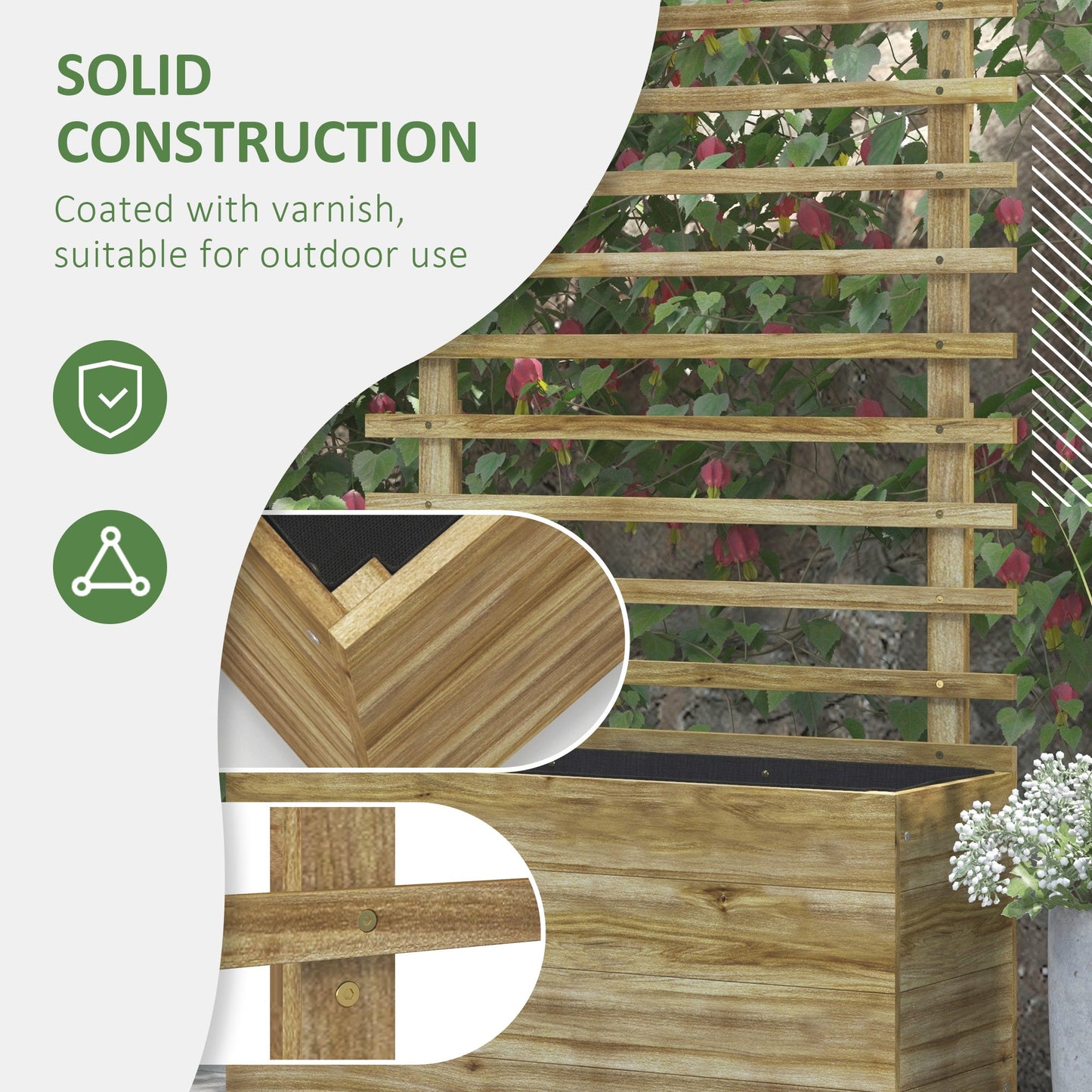Outdoor Wooden Planters with Trellis Free Standing Flower Raised Beds for Garden with 4 Wheels for Climbing Plants, 76 x 30 x 155cm, Natural