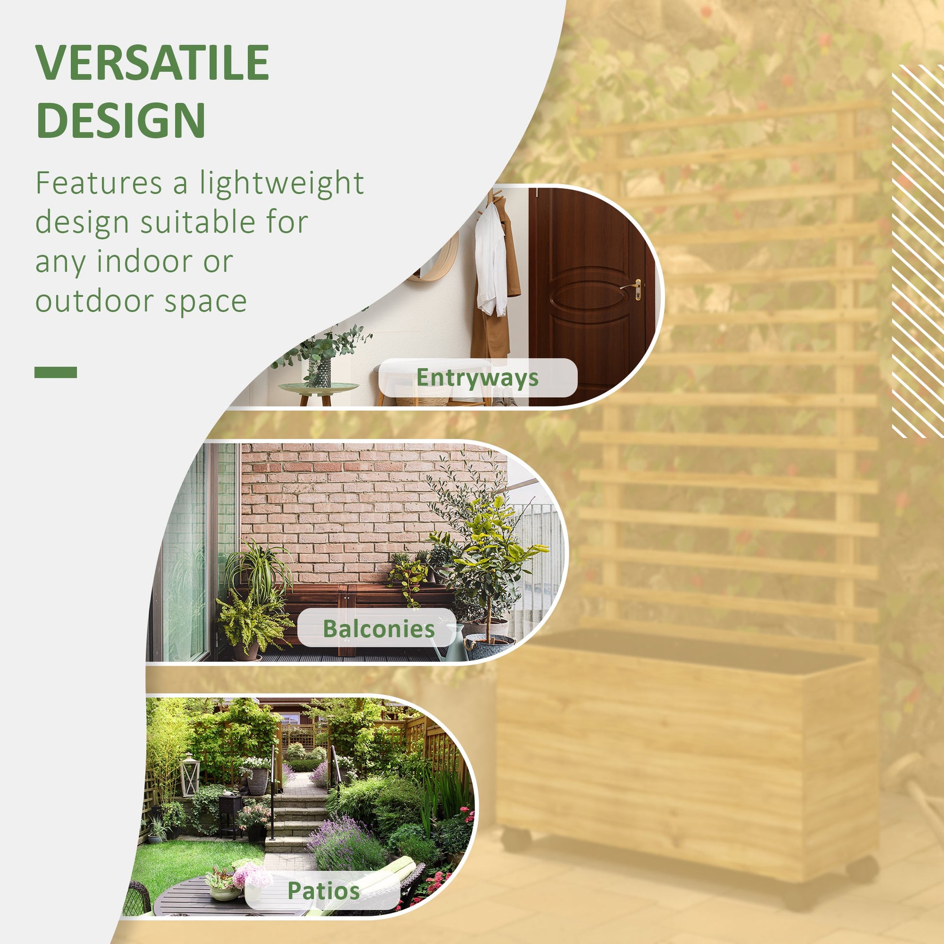 Outdoor Wooden Planters with Trellis Free Standing Flower Raised Beds for Garden with 4 Wheels for Climbing Plants, 76 x 30 x 155cm, Natural