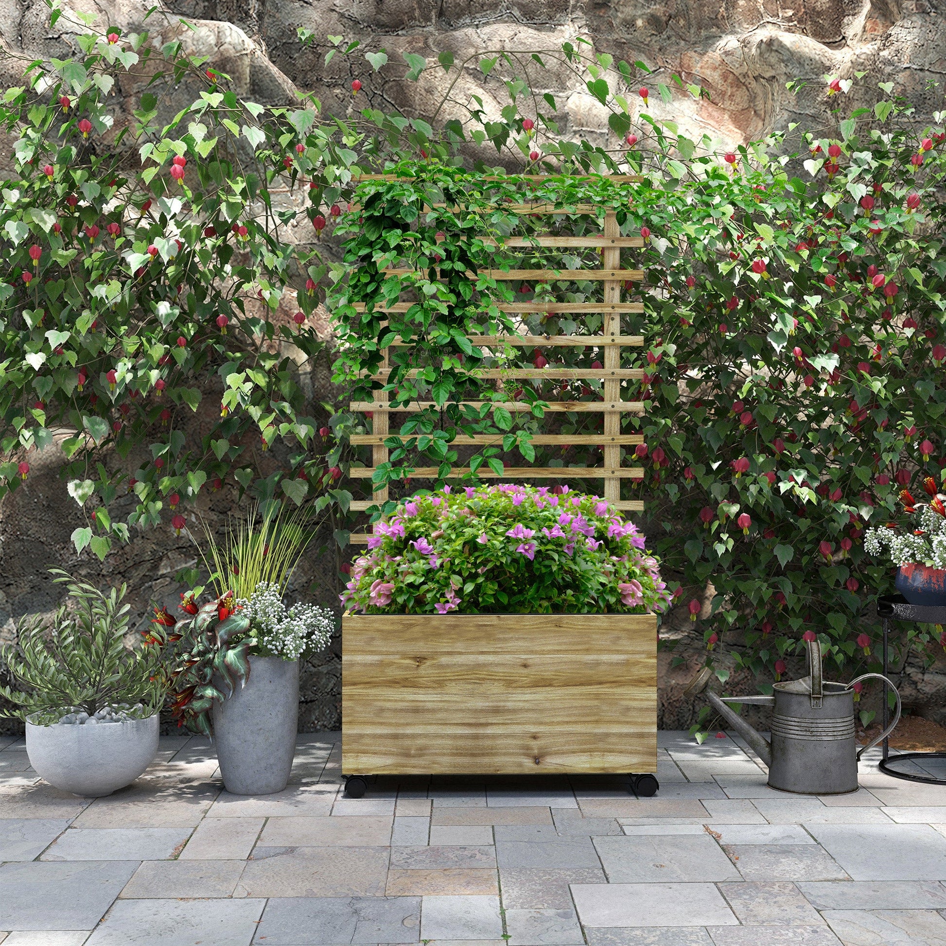 Outdoor Wooden Planters with Trellis Free Standing Flower Raised Beds for Garden with 4 Wheels for Climbing Plants, 76 x 30 x 155cm, Natural