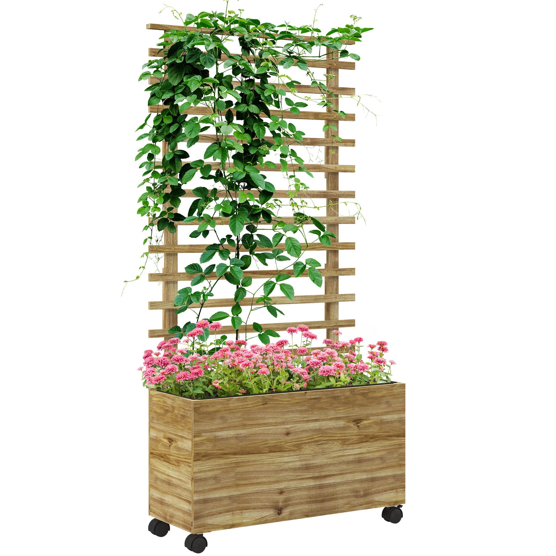 Outdoor Wooden Planters with Trellis Free Standing Flower Raised Beds for Garden with 4 Wheels for Climbing Plants, 76 x 30 x 155cm, Natural