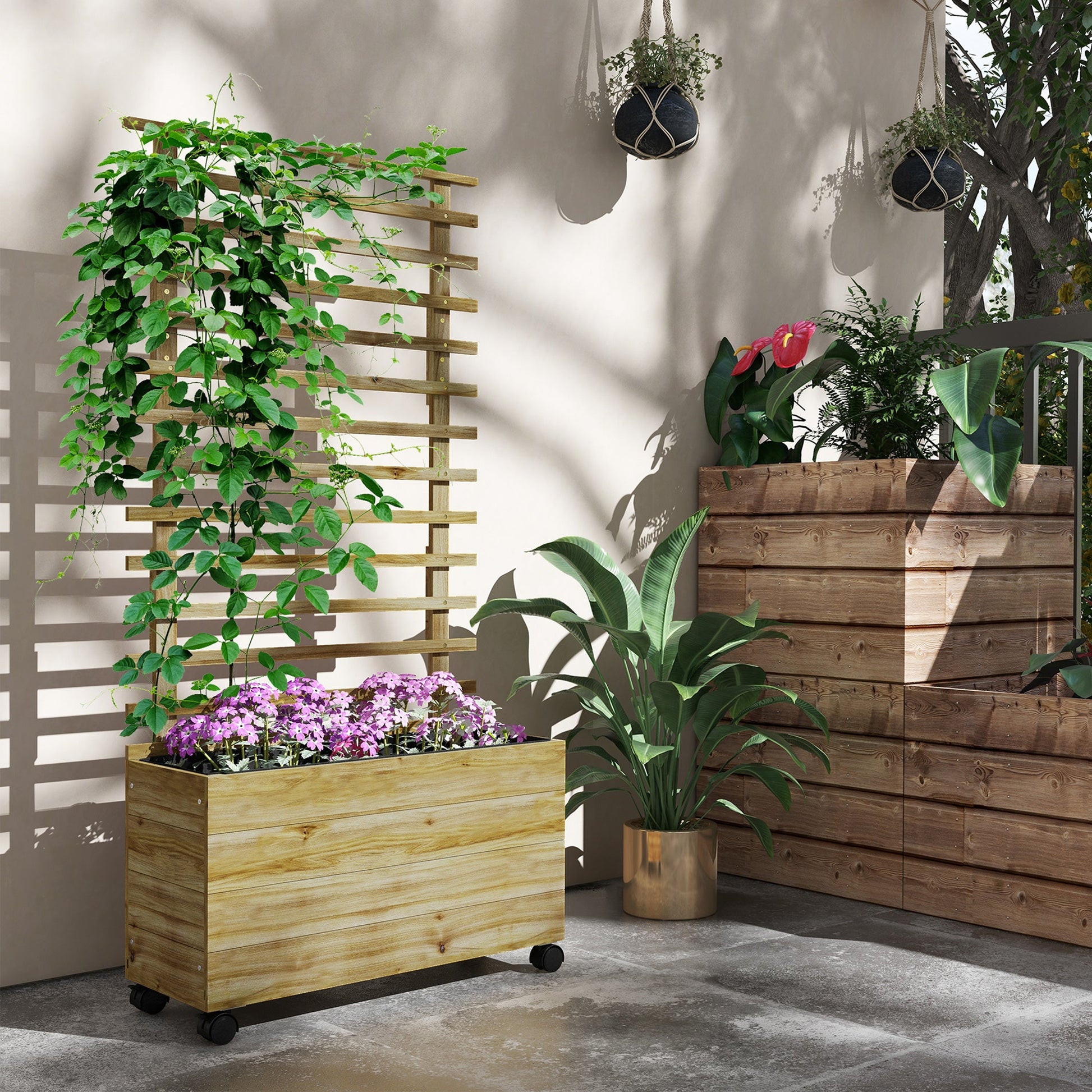 Outdoor Wooden Planters with Trellis Free Standing Flower Raised Beds for Garden with 4 Wheels for Climbing Plants, 76 x 30 x 155cm, Natural
