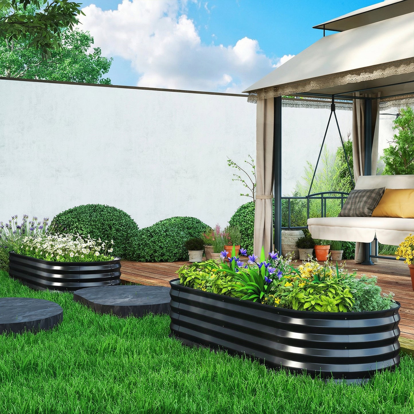 Set of 2 Raised Beds for Garden, Outdoor Galvanised Planter Box with Plant Support Stakes, Rubber Strap Edging and Bottomless for Flower, Vegetable, 150 x 60 x 30 cm, Dark Grey