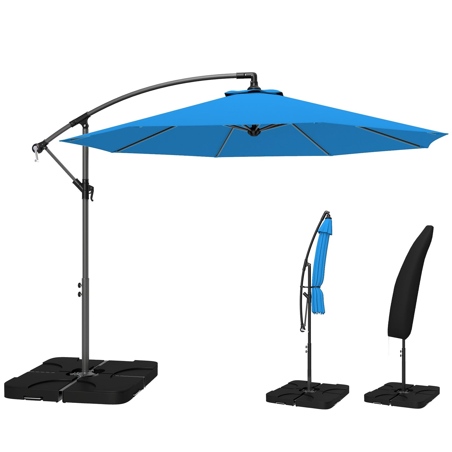 3 m Cantilever Parasol with Umbrella Weights, Cross Base, Offset Outdoor Umbrella with Protective Cover, Crank Handle, Hanging Sun Shade, Blue
