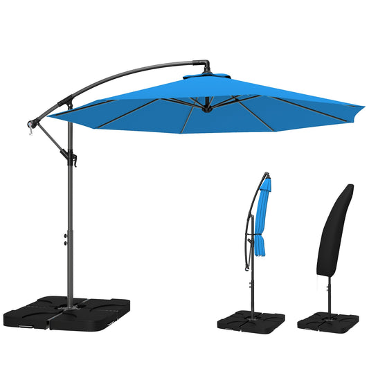 3 m Cantilever Parasol with Umbrella Weights, Cross Base, Offset Outdoor Umbrella with Protective Cover, Crank Handle, Hanging Sun Shade, Blue
