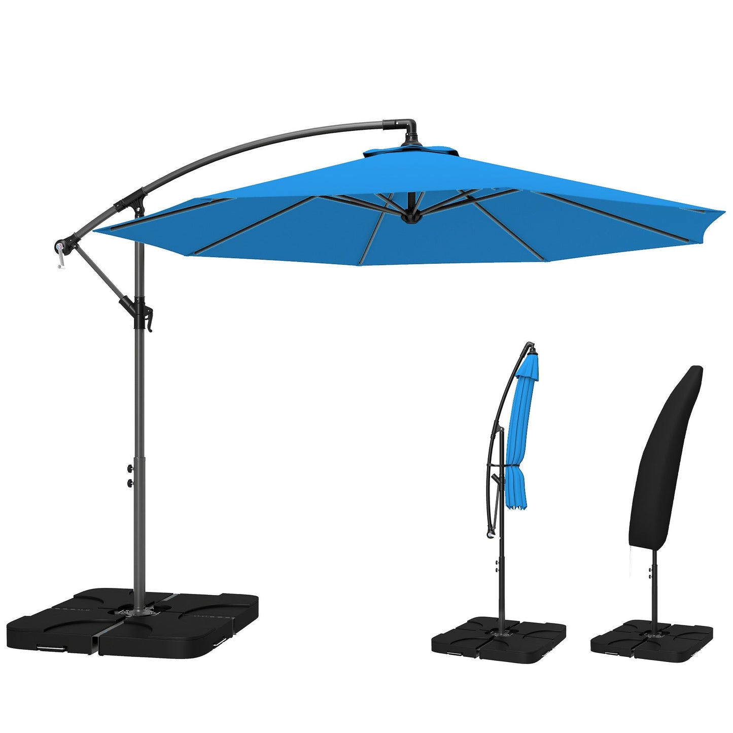 3 m Cantilever Parasol with Umbrella Weights, Cross Base, Offset Outdoor Umbrella with Protective Cover, Crank Handle, Hanging Sun Shade, Blue