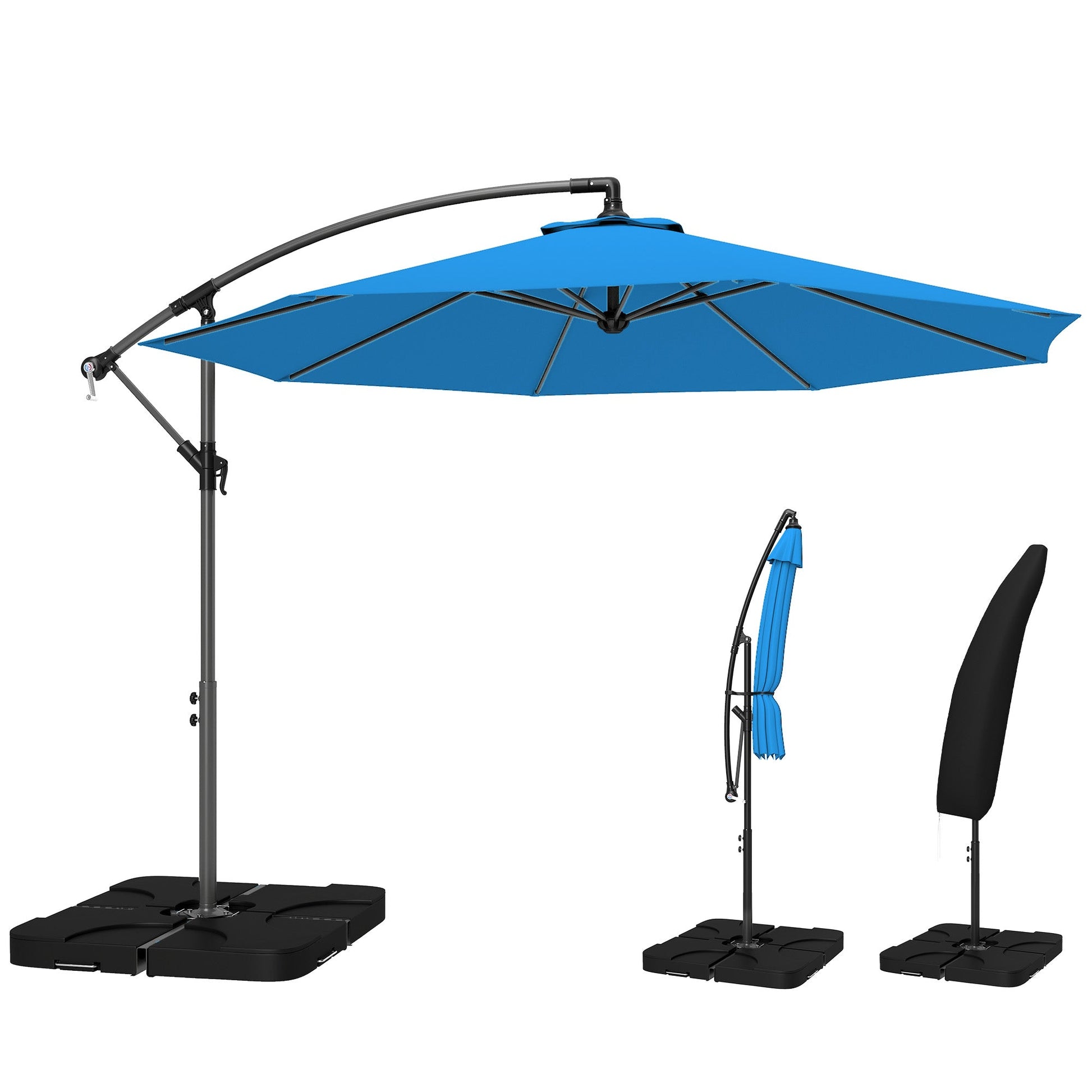 3 m Cantilever Parasol with Umbrella Weights, Cross Base, Offset Outdoor Umbrella with Protective Cover, Crank Handle, Hanging Sun Shade, Blue