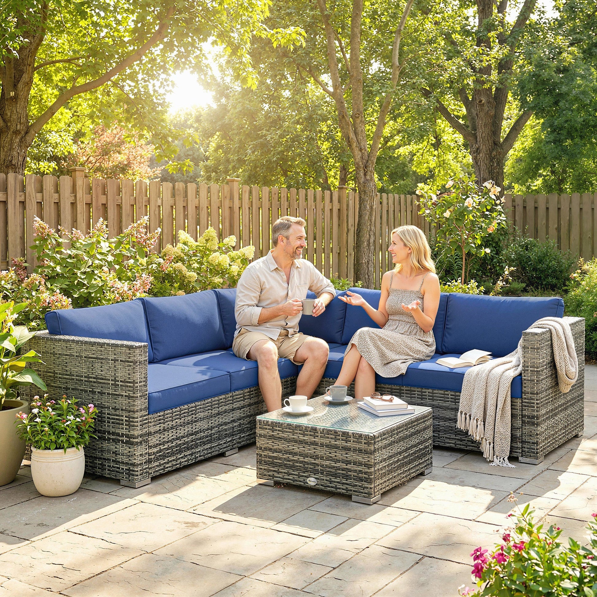 4 Pieces Rattan Garden Furniture Set, Wicker Outdoor Furniture Set with Corner Sofa Loveseat Coffee Table Cushions, Conservatory Furniture Set for Patio Balcony, Blue